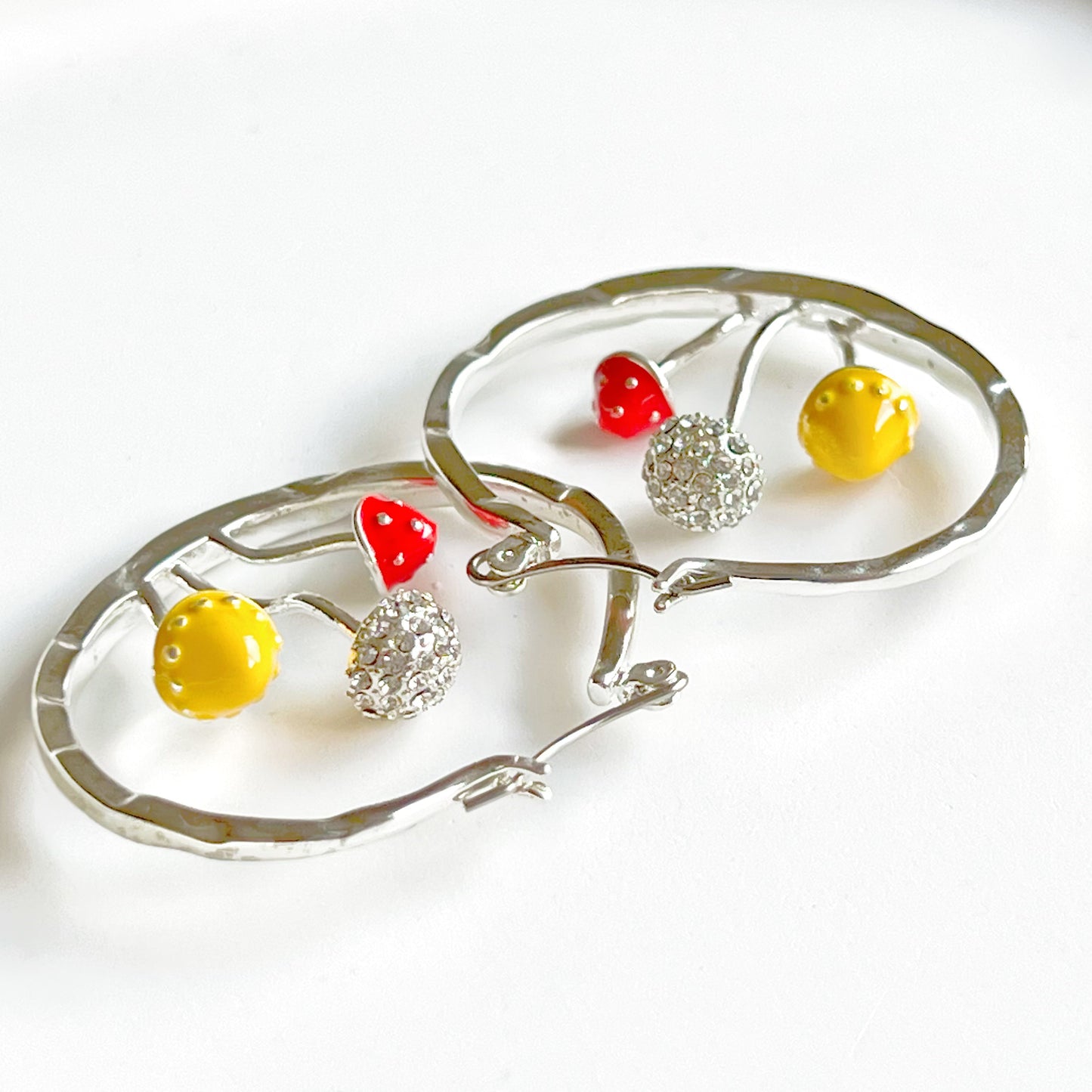 Three Mushrooms in Silver Hoop - Red Fly Agaric Good Luck Earrings-Ninaouity