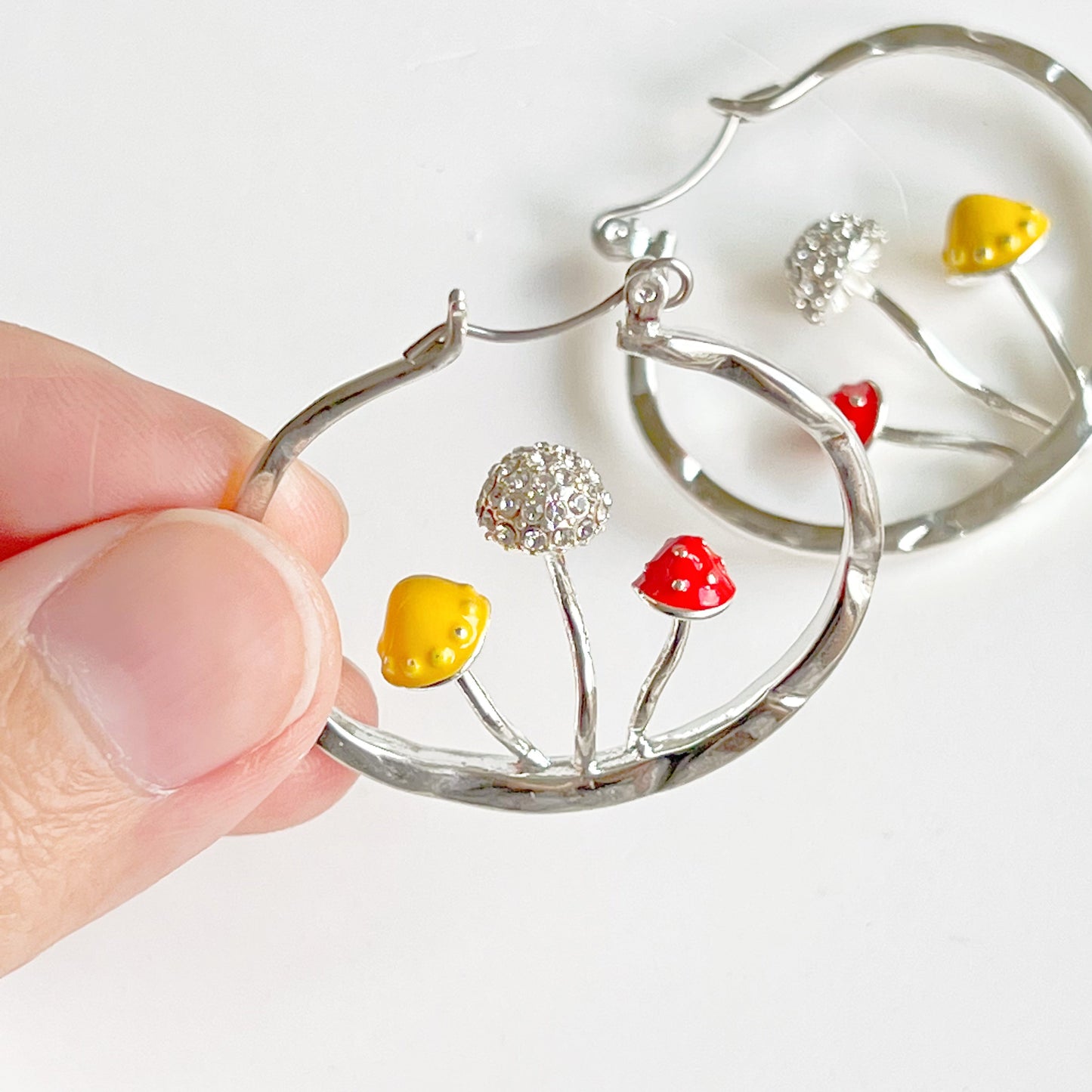 Three Mushrooms in Silver Hoop - Red Fly Agaric Good Luck Earrings-Ninaouity