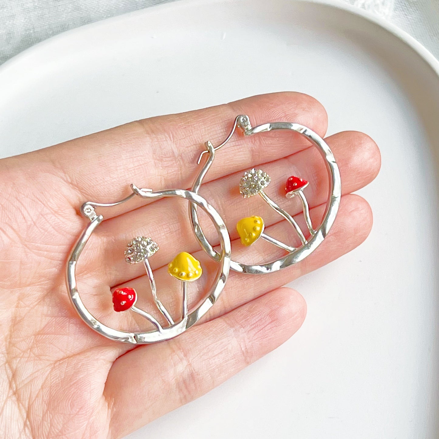 Three Mushrooms in Silver Hoop - Red Fly Agaric Good Luck Earrings-Ninaouity