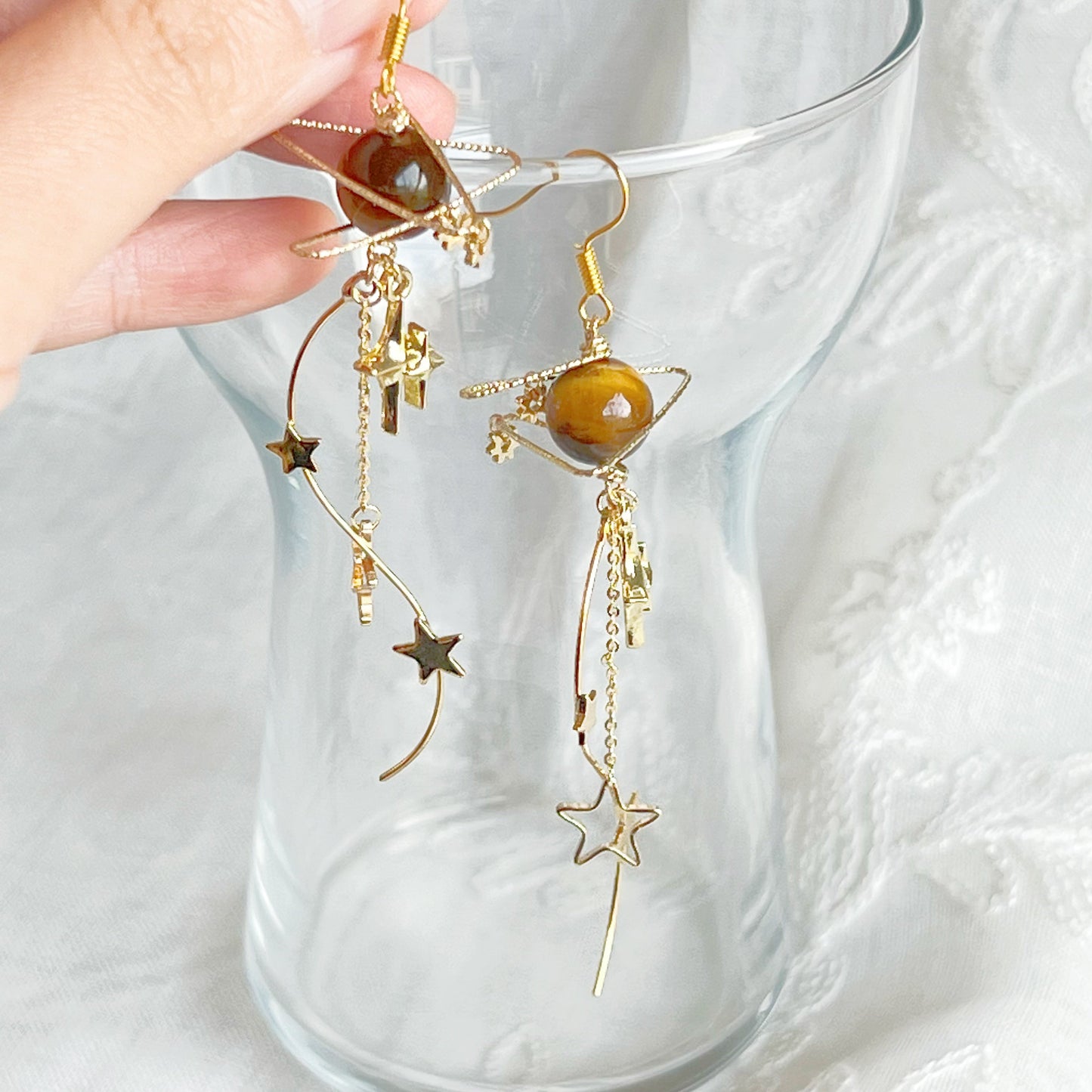 Tiger's Eye Jupiter Planet and Milky Walk Earrings-Ninaouity