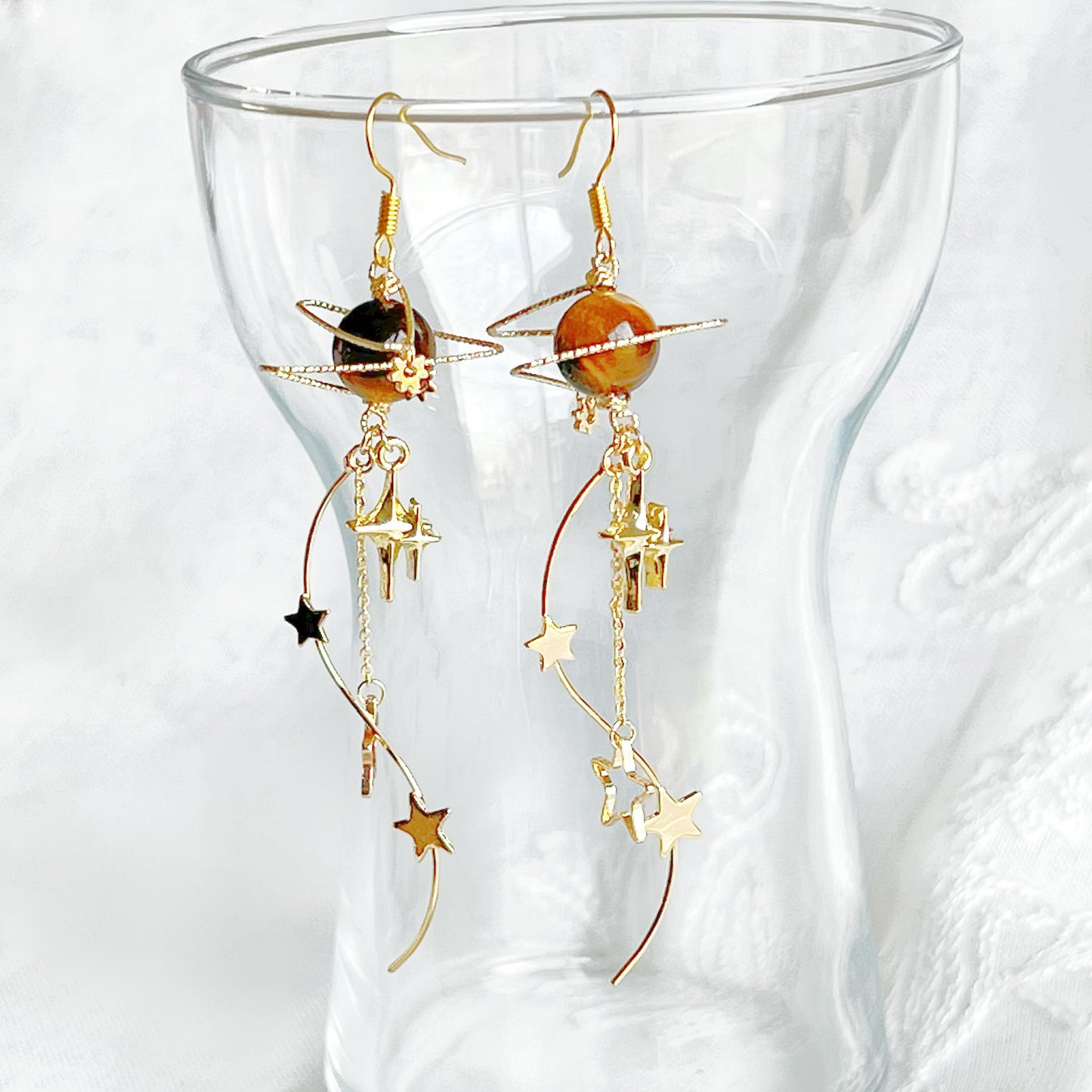 Tiger's Eye Jupiter Planet and Milky Walk Earrings-Ninaouity