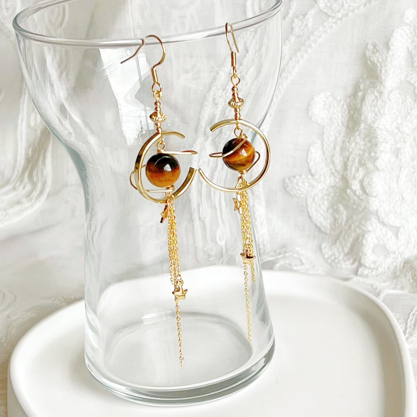 Tiger's Eye Jupiter Planet and Shooting Stars Earrings-Ninaouity