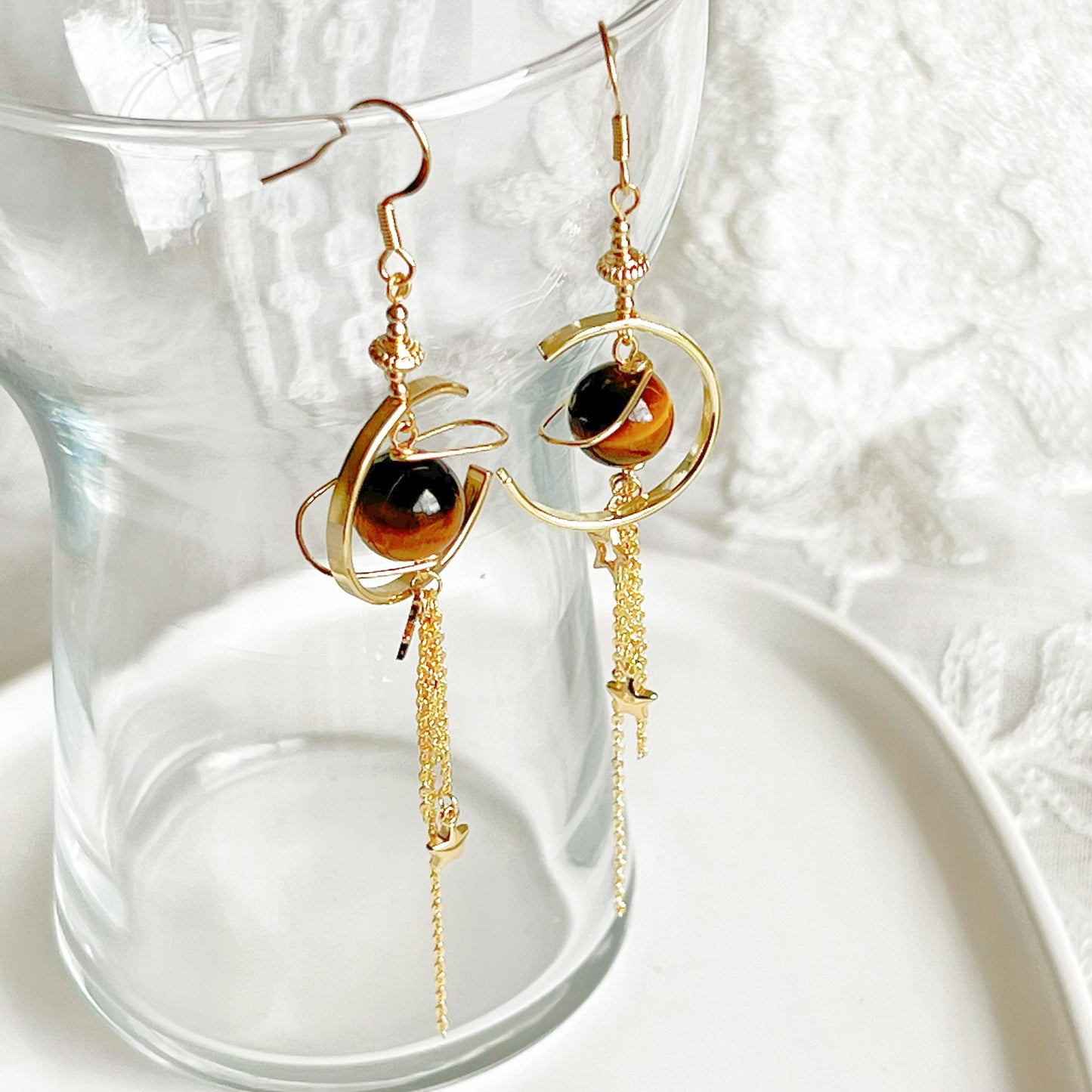 Tiger's Eye Jupiter Planet and Shooting Stars Earrings-Ninaouity