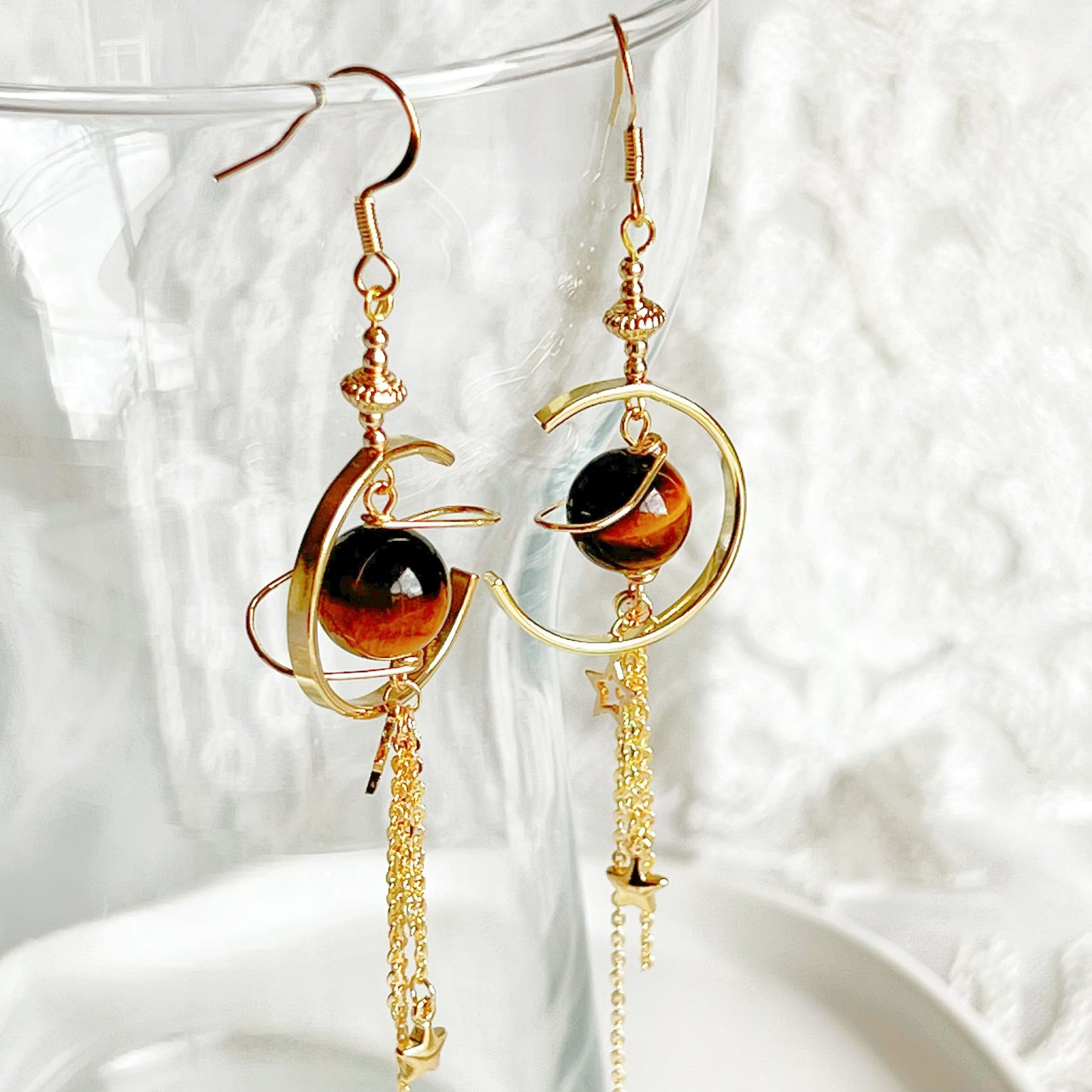 Tiger's Eye Jupiter Planet and Shooting Stars Earrings-Ninaouity