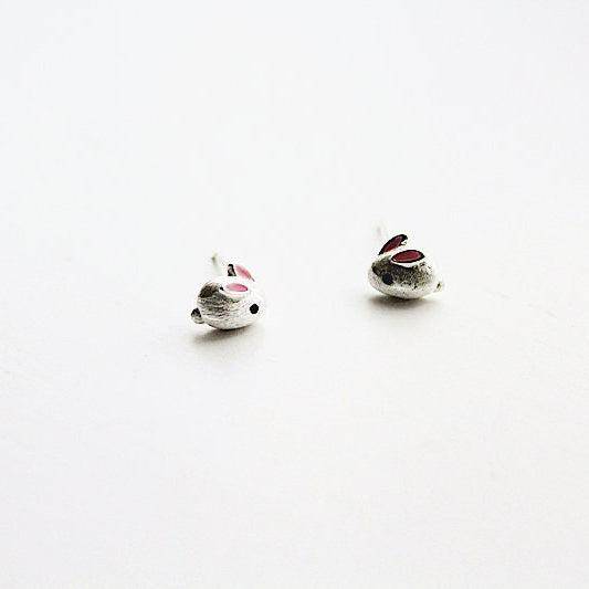 Tiny Bunny Earrings - Pink Ear Rabbits Shape Sterling Silver Earrings-Ninaouity