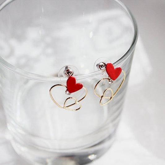 Triple Hearts Earrings - Red and Gold Heart Stud Earrings-Ninaouity