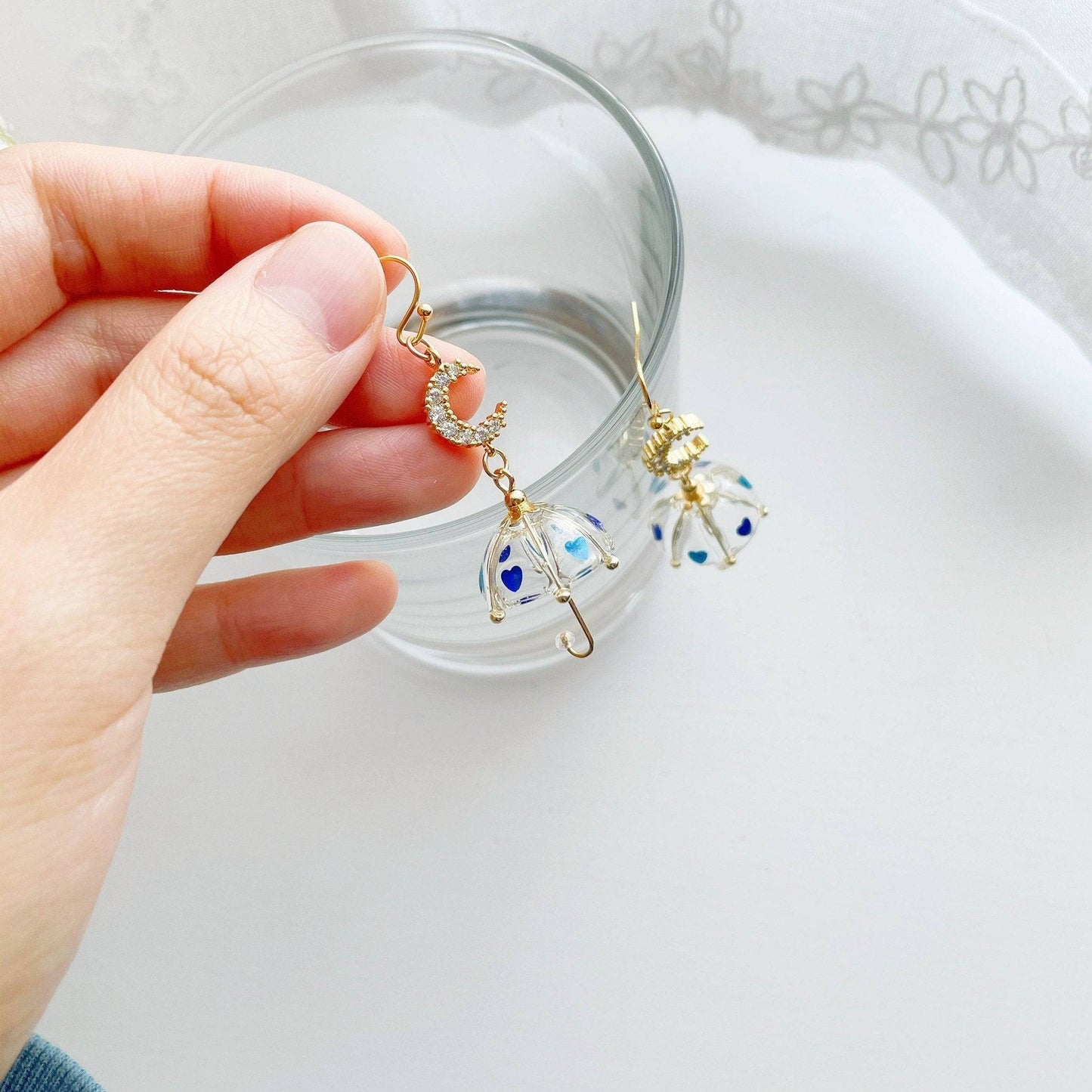 Umbrella Earrings - Moon on Rainy Days with Royal Blue Heart Confetti Mini Umbrella Earrings - Sterling Silver Ear Wire - free gift box-Ninaouity