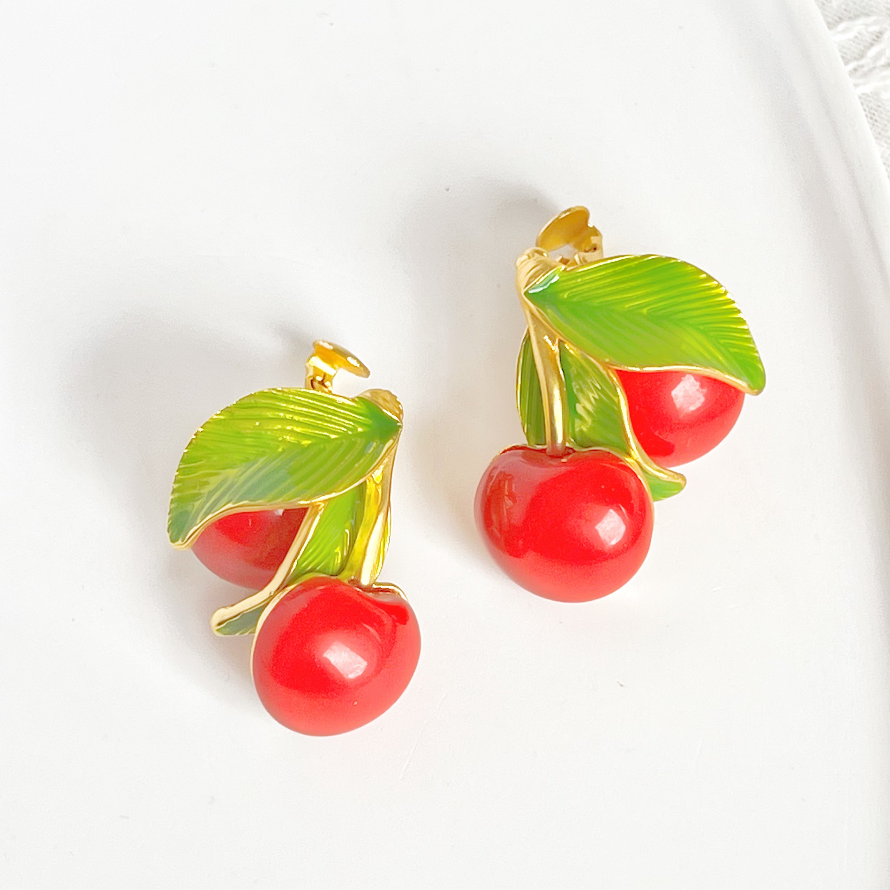 Vintage Style Red Cherry Statement Clip on Earrings Ninaouity