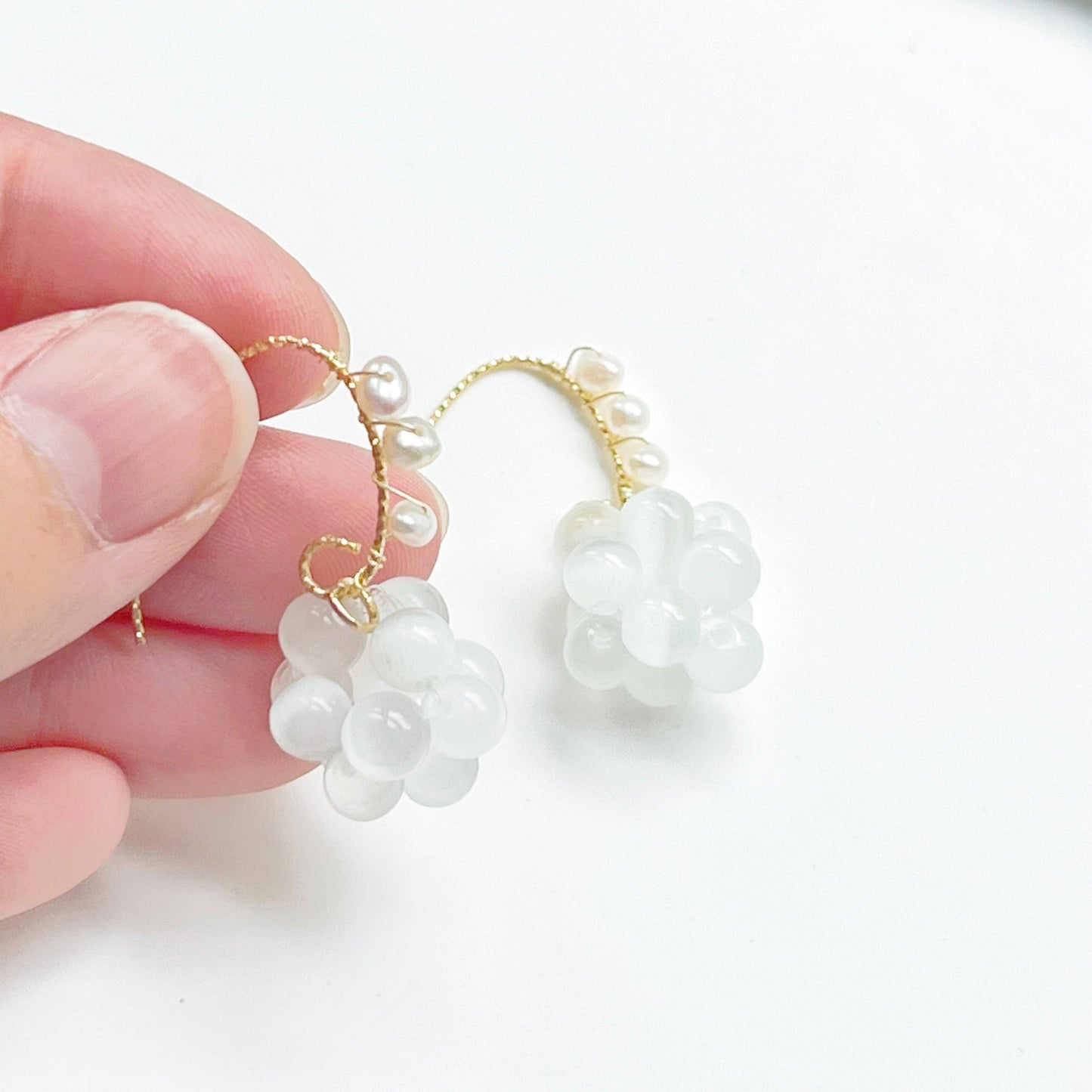 White Cats Eye Stone Beads and Pearls Drop Earrings-Ninaouity