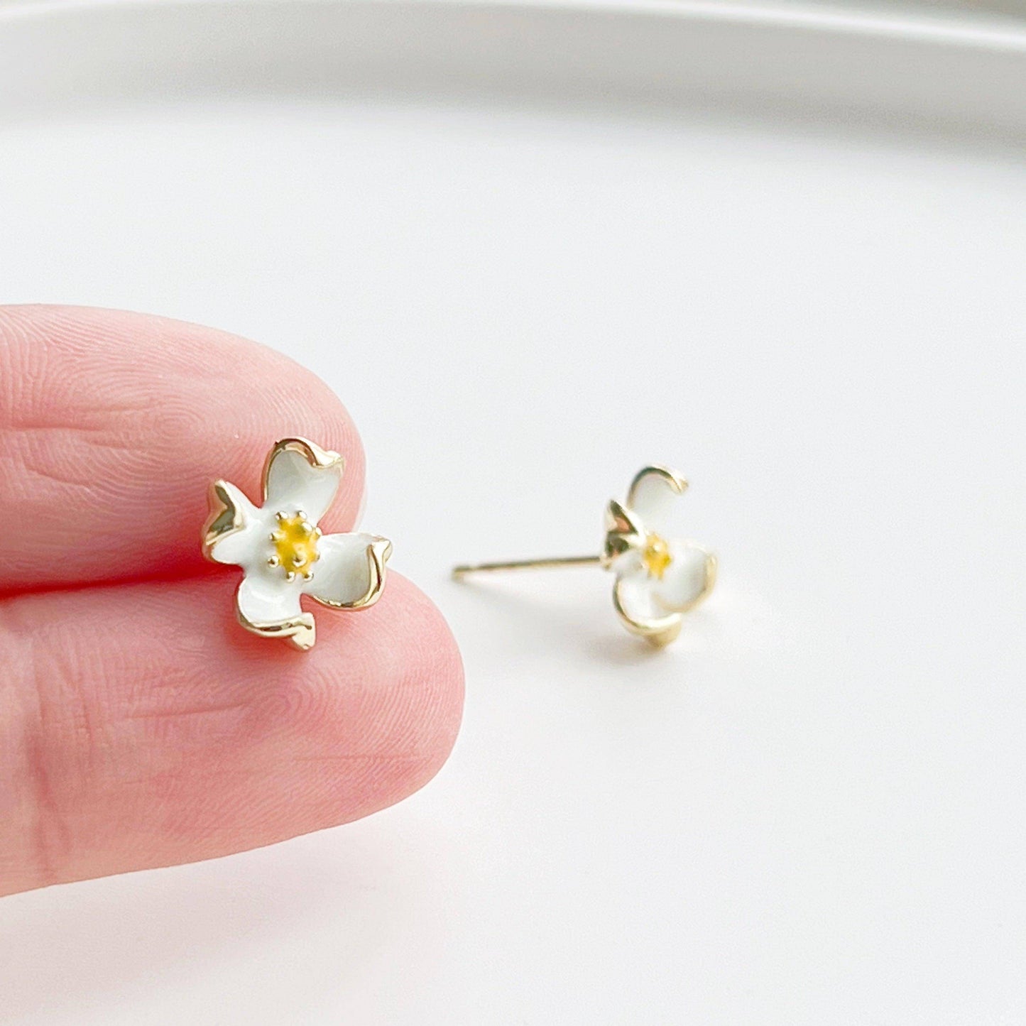 White Dogwood Flower Earrings - Four Petal Flower Sterling Silver Studs-Ninaouity