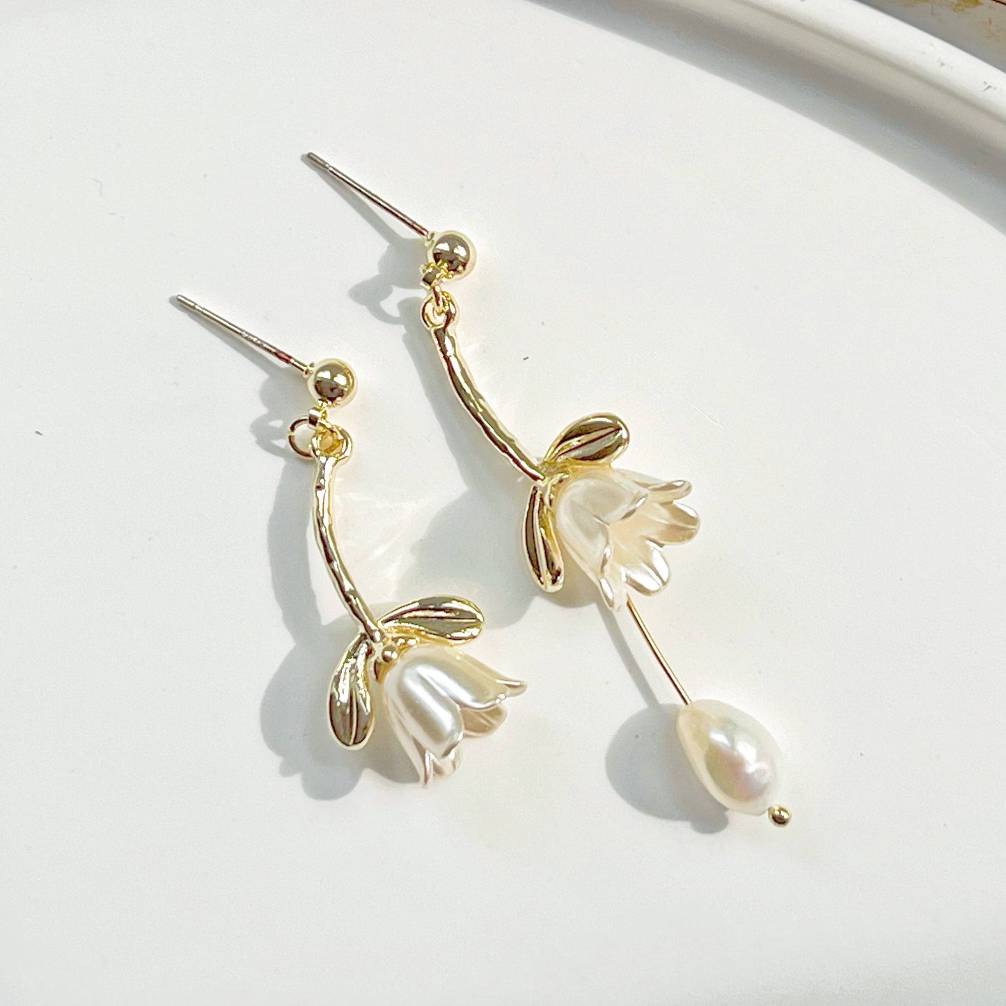White Lily of the Valley Earrings - Bell Shape Flower with Pearl Drop Earrings-Ninaouity