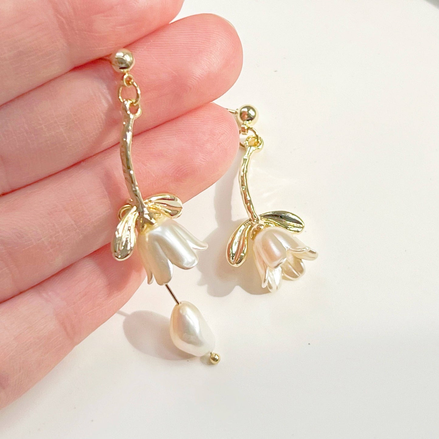 White Lily of the Valley Earrings - Bell Shape Flower with Pearl Drop Earrings-Ninaouity