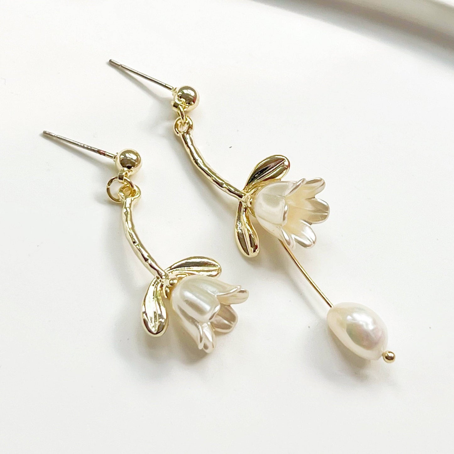 White Lily of the Valley Earrings - Bell Shape Flower with Pearl Drop Earrings-Ninaouity