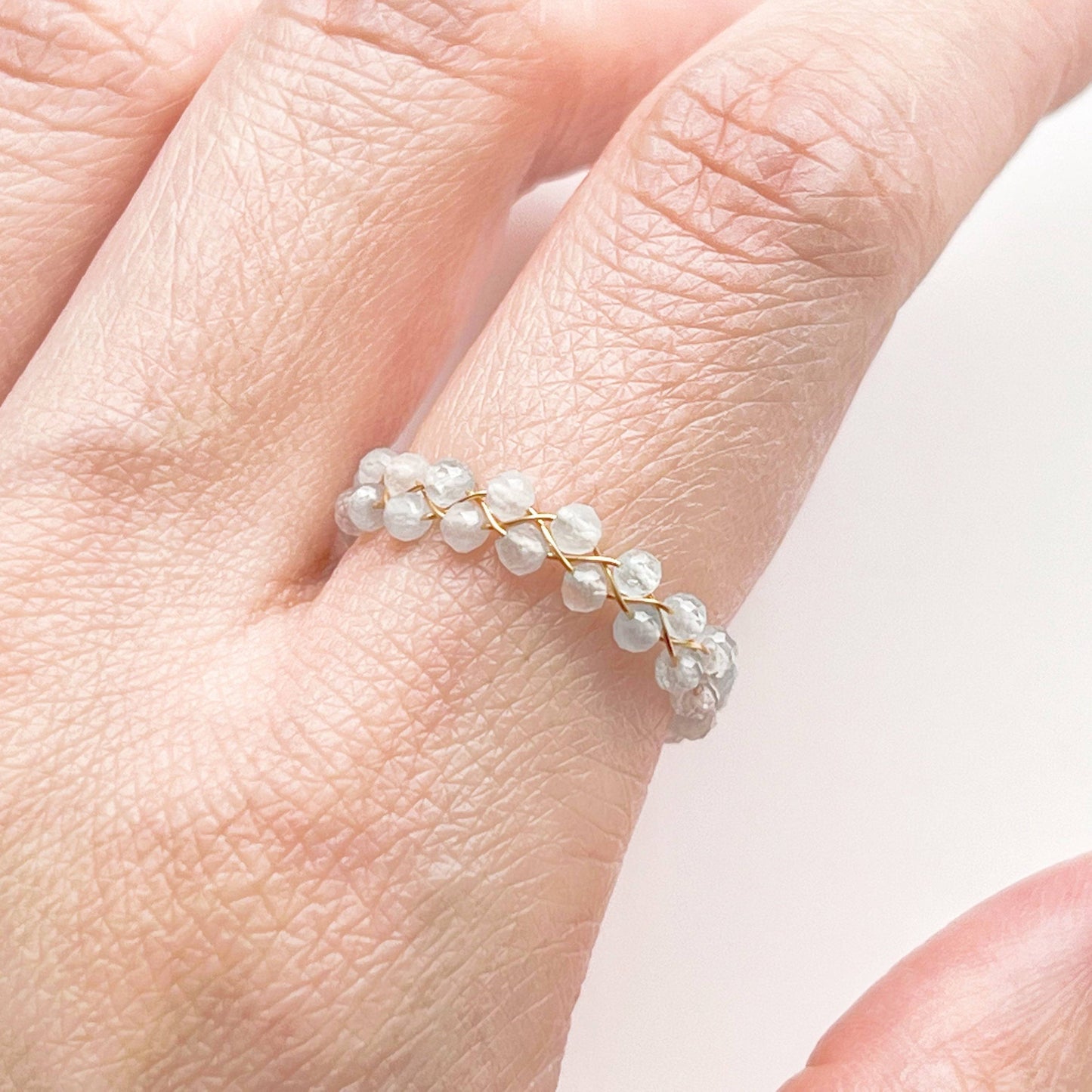 White Moonstone Beaded Ring - Mini Gemstone Bead Adjustable Ring - June Birthstone-Ninaouity