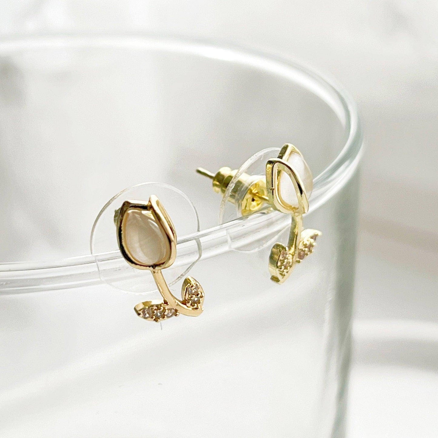 White Tulip Earrings - Flower Shape Crystal with Leave Studs Earrings-Ninaouity
