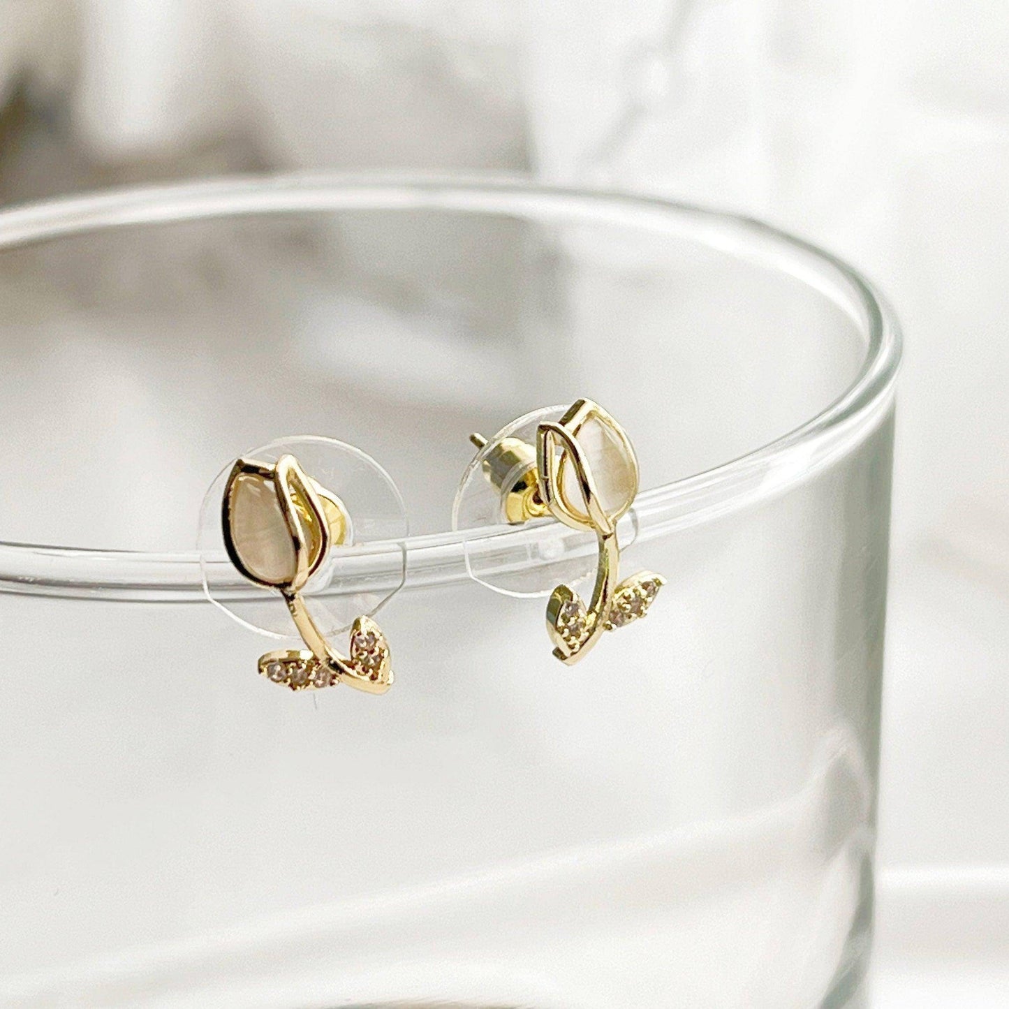 White Tulip Earrings - Flower Shape Crystal with Leave Studs Earrings-Ninaouity