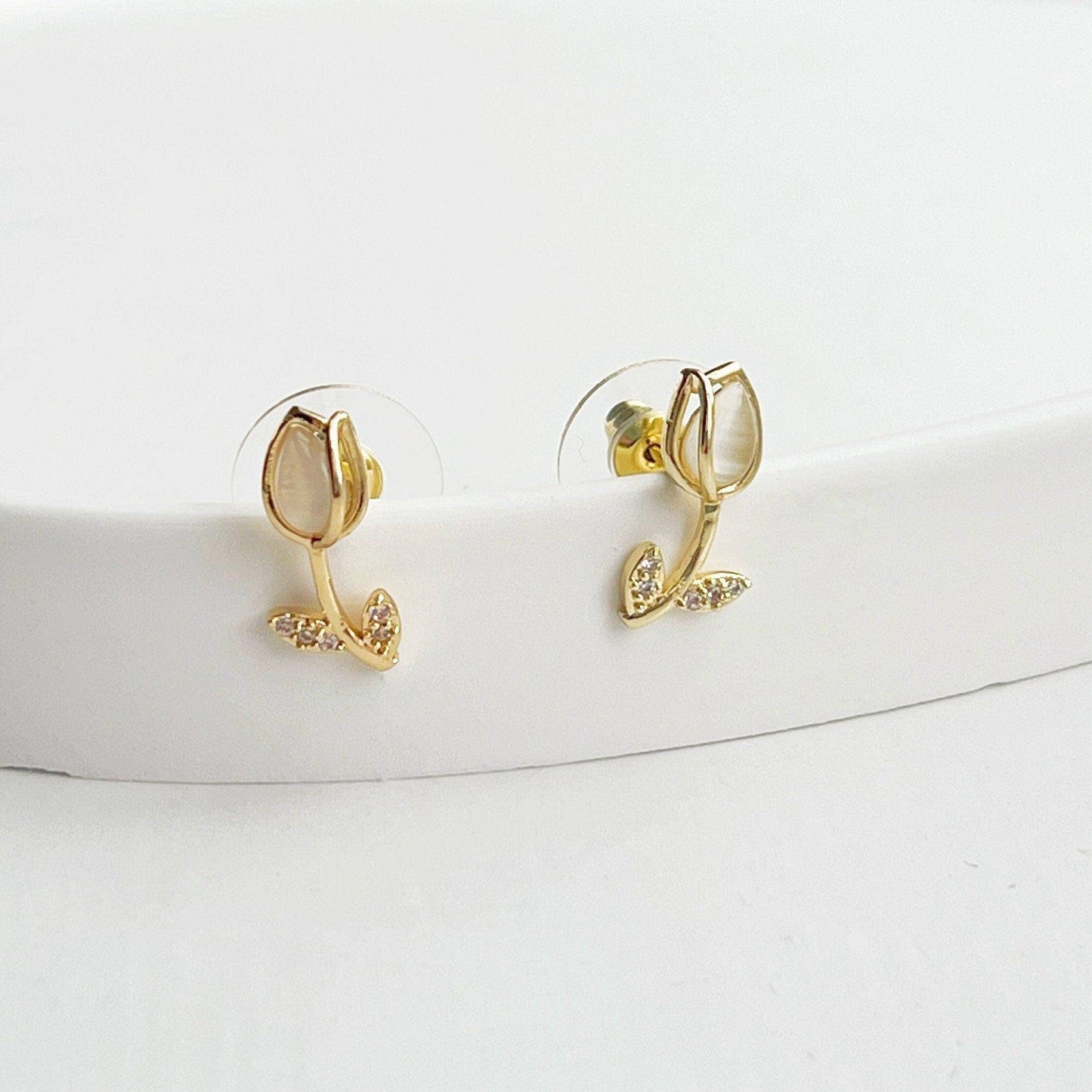 White Tulip Earrings - Flower Shape Crystal with Leave Studs Earrings-Ninaouity