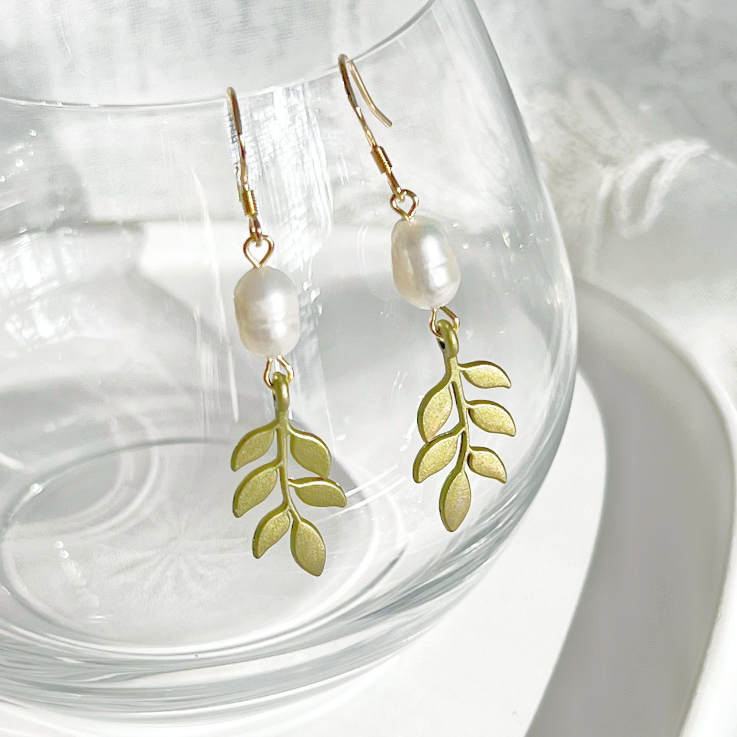 Willow Leaf and Freshwater Pearl Earrings-Ninaouity
