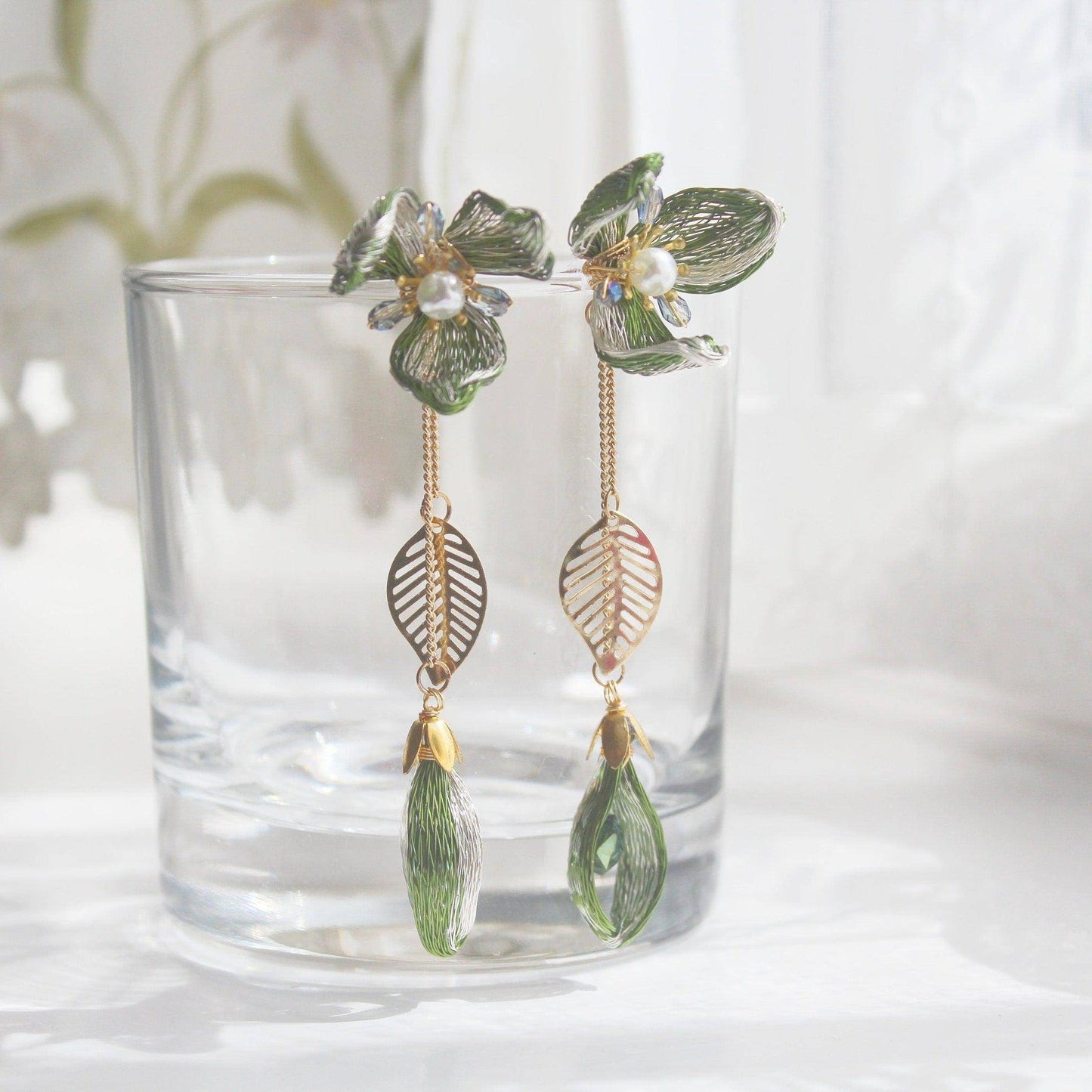 Wire Magnolia Flower Drop Earrings-Ninaouity