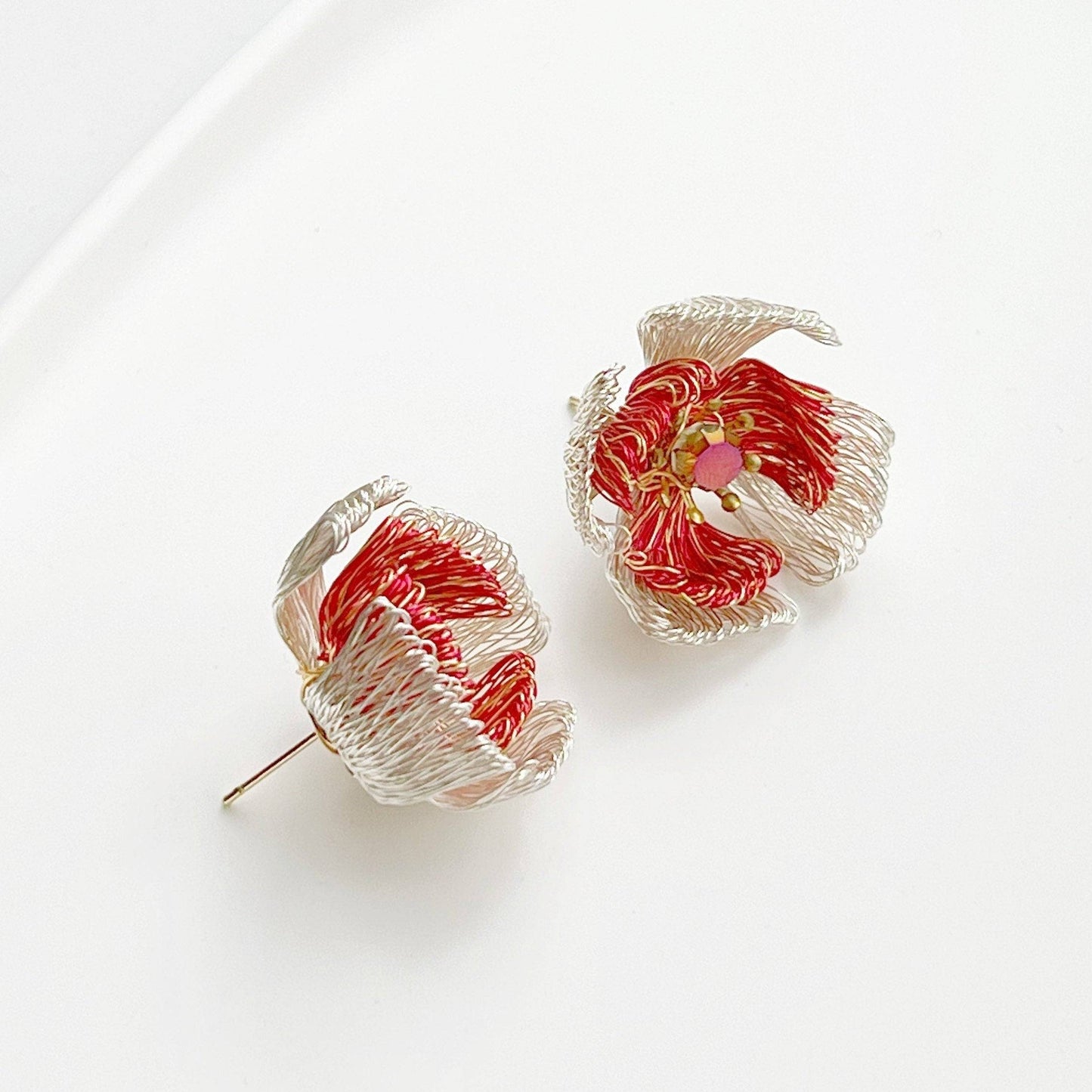 Wired Red Camellia Flower Earrings-Ninaouity