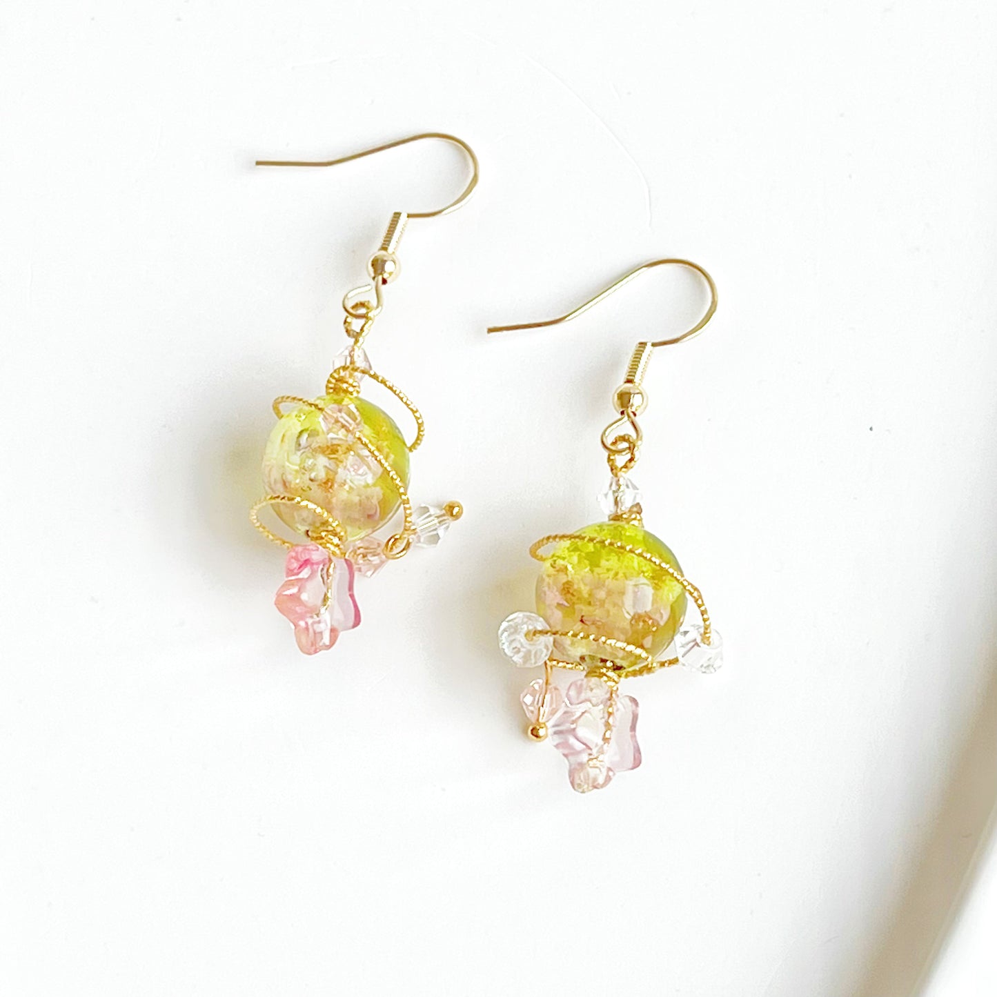 Yellow Planet Venus Earrings - Yellow and Pink Orb with Star Drop Earrings-Ninaouity