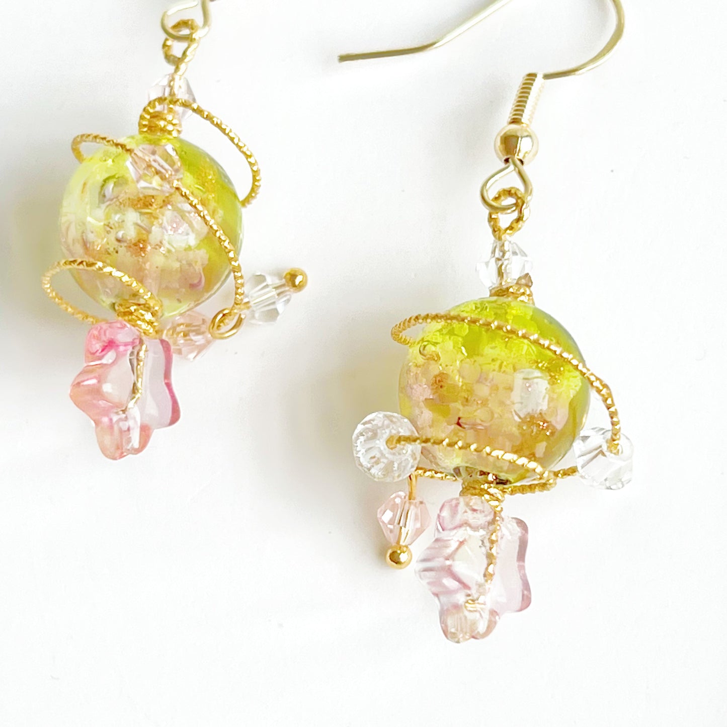 Yellow Planet Venus Earrings - Yellow and Pink Orb with Star Drop Earrings-Ninaouity