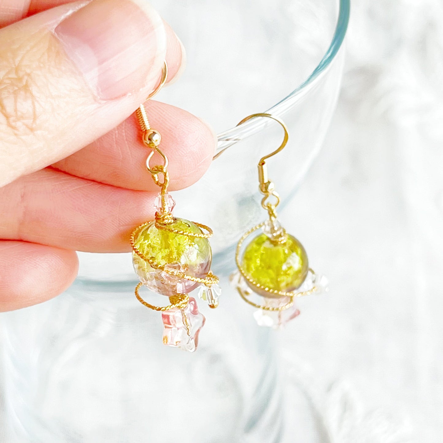 Yellow Planet Venus Earrings - Yellow and Pink Orb with Star Drop Earrings-Ninaouity