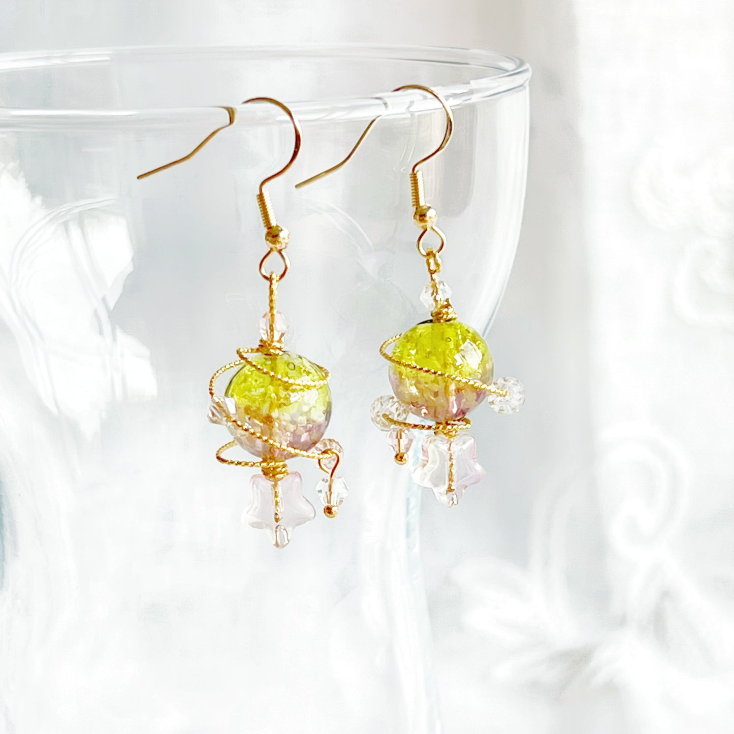 Yellow Planet Venus Earrings - Yellow and Pink Orb with Star Drop Earrings-Ninaouity
