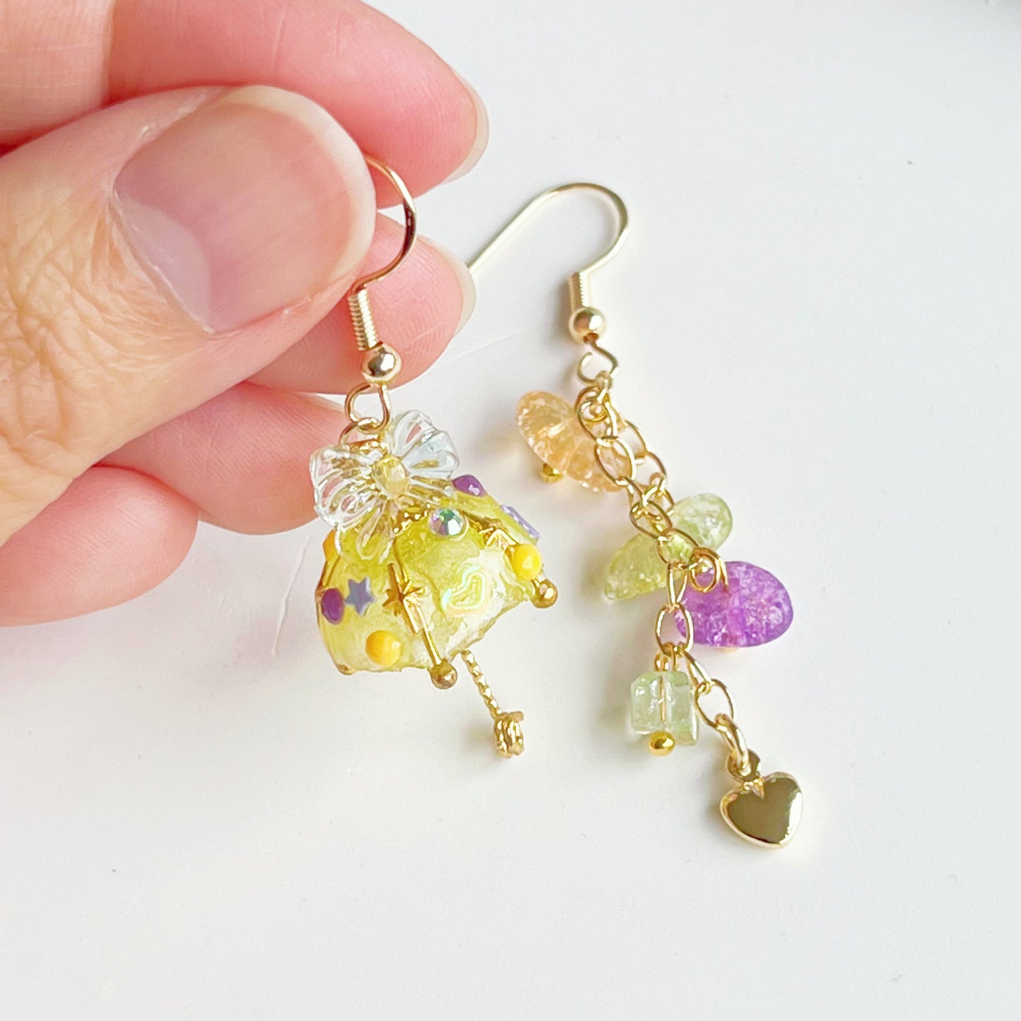 Yellow Umbrella with Bow Tie Rainbow Stones Mismatch Drop Earrings-Ninaouity
