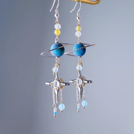 Handmade Blue Tiger's Eye Planet and Polaris Earrings