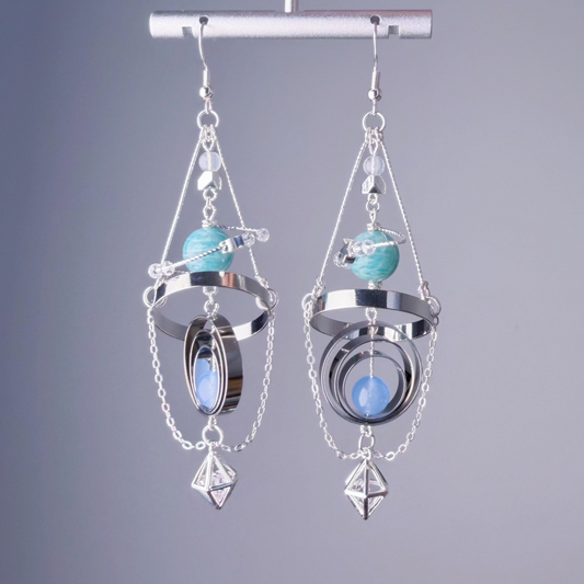Silver Solar System Natural Amazonite Stone Planet Earrings
