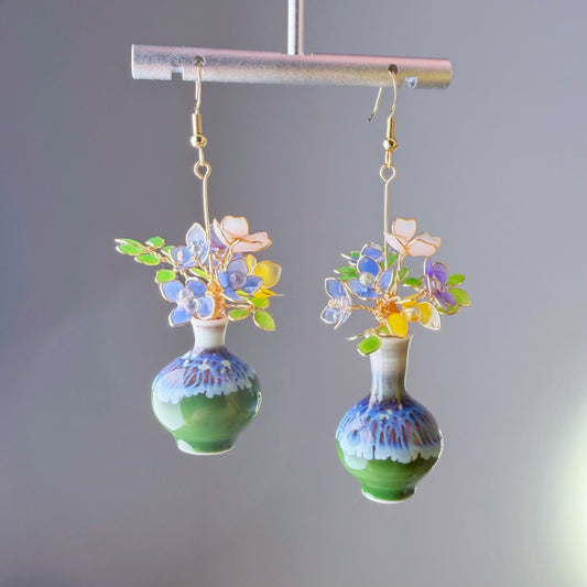 Handmade Blue Hydrangeas and Daffodil in Ceramic Vase Earrings
