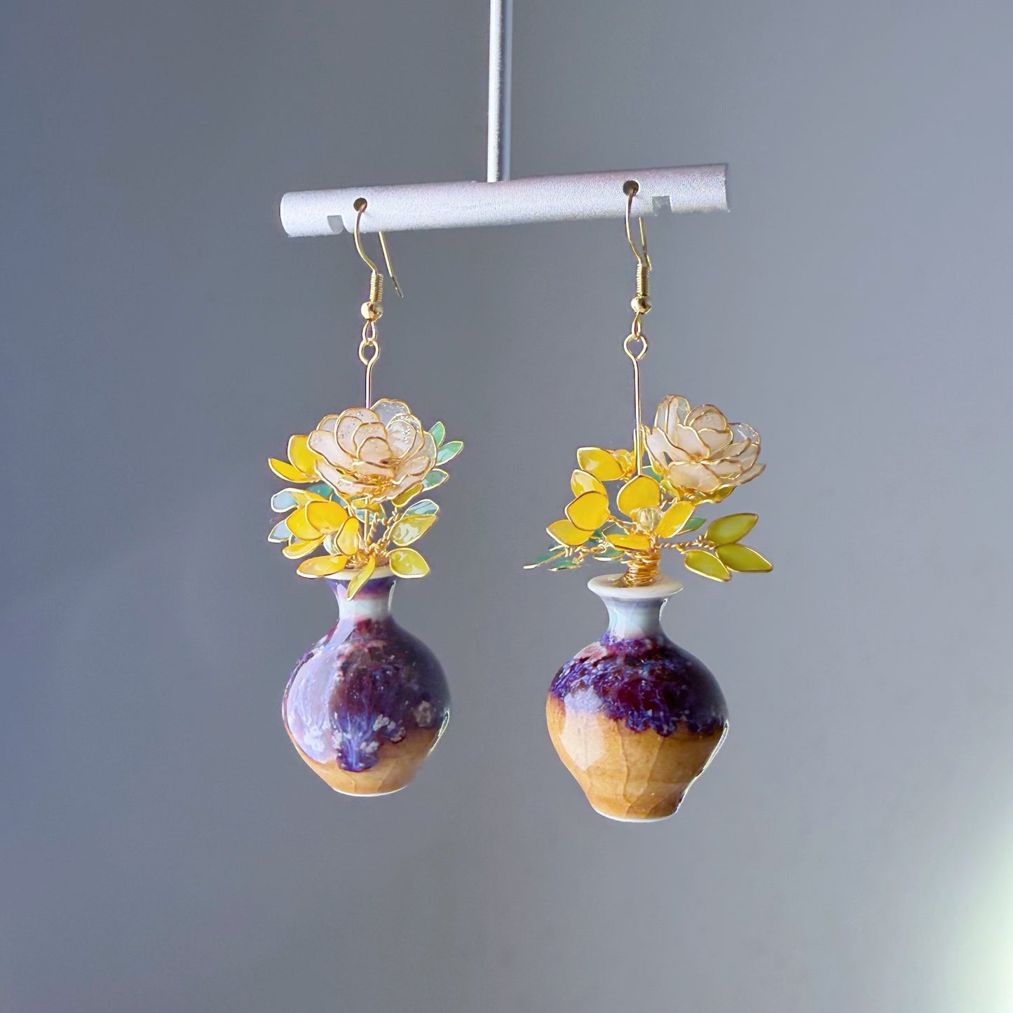Handmade White Roses and Daffodil Flowers in Ceramic Vase Earrings