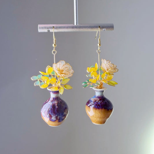 Handmade White Roses and Daffodil Flowers in Ceramic Vase Earrings