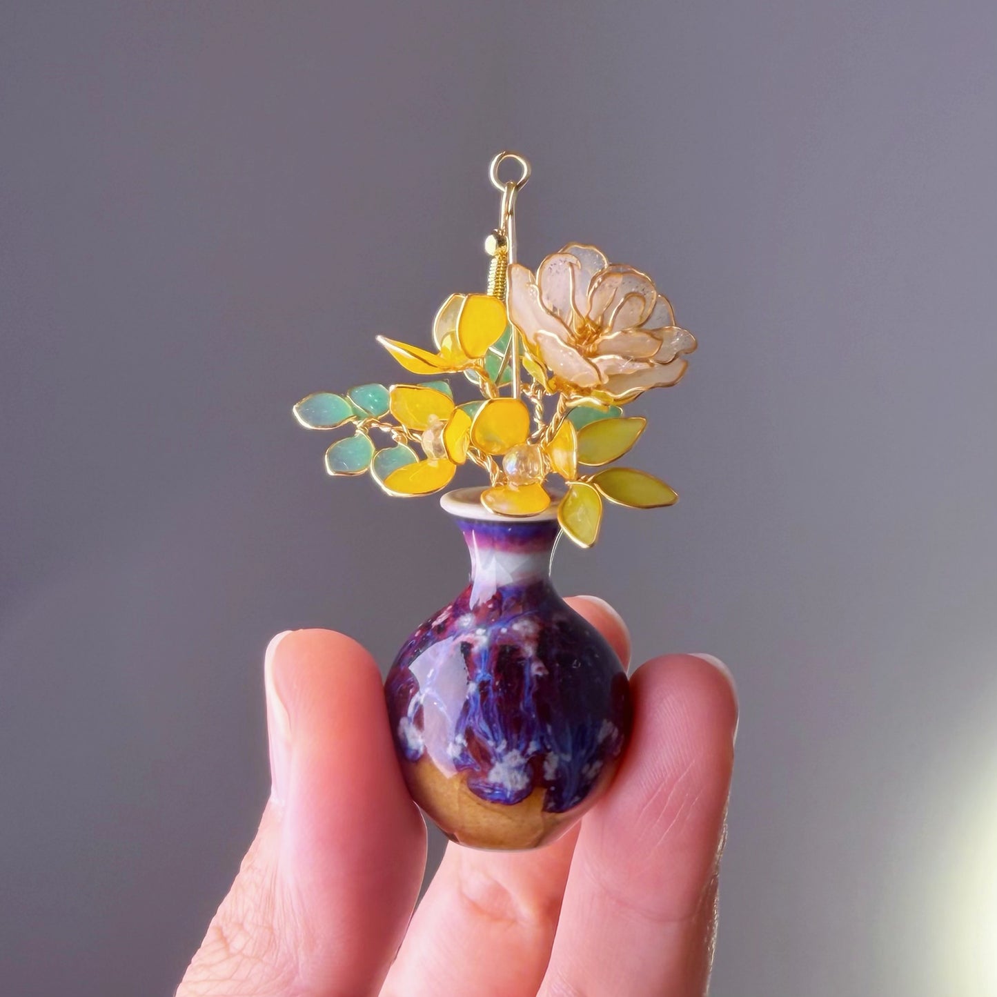 Handmade White Roses and Daffodil Flowers in Ceramic Vase Earrings