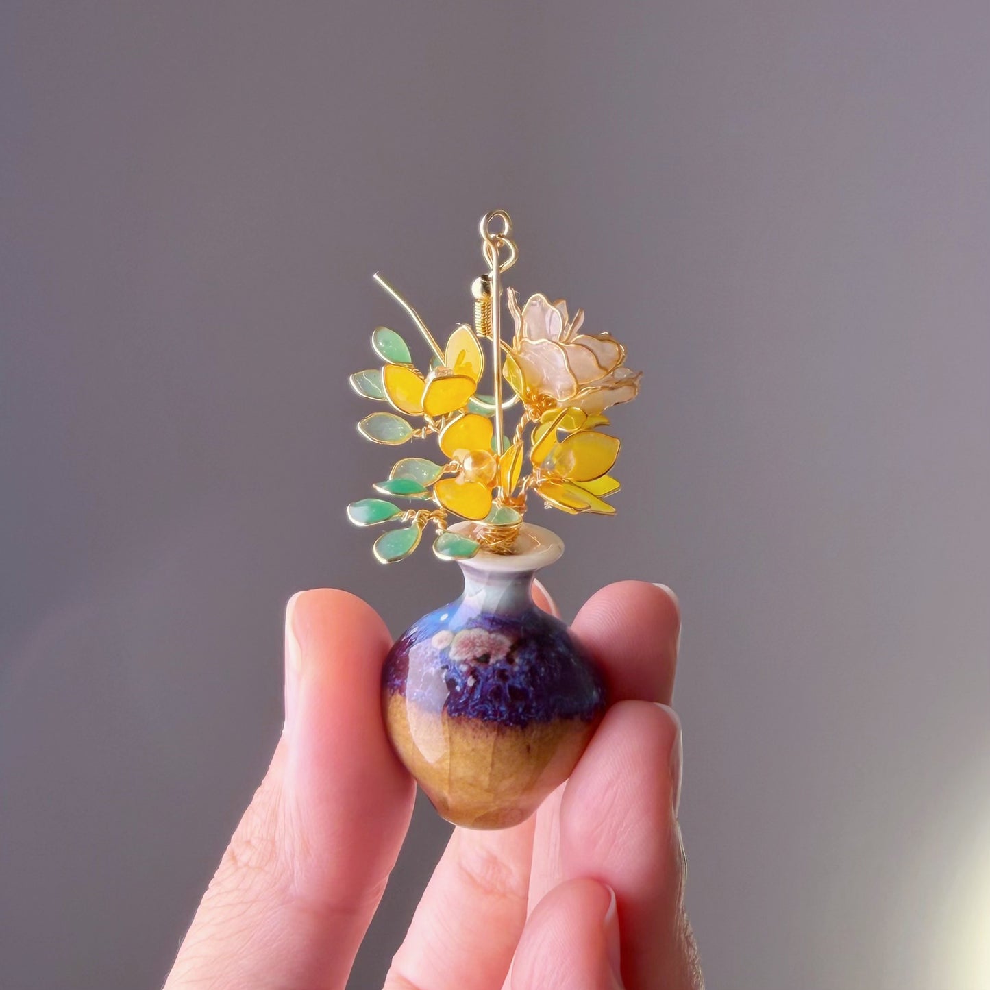 Handmade White Roses and Daffodil Flowers in Ceramic Vase Earrings