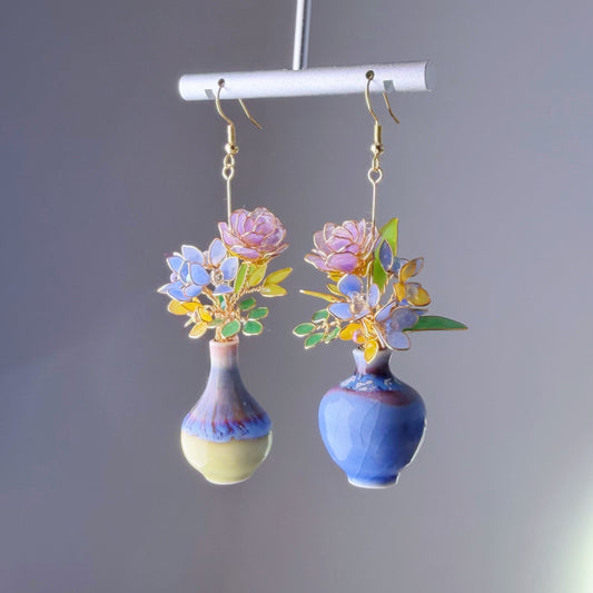 Handmade Purple Roses Hydrangeas and Daffodil in Ceramic Vase Earrings