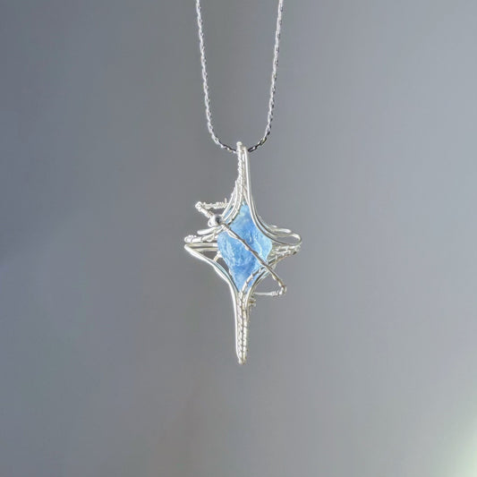 Quartzberry - Natural Raw Aquamarine Crystal Polaris Shape Wire Wrapped Necklace - One-of-a-kind