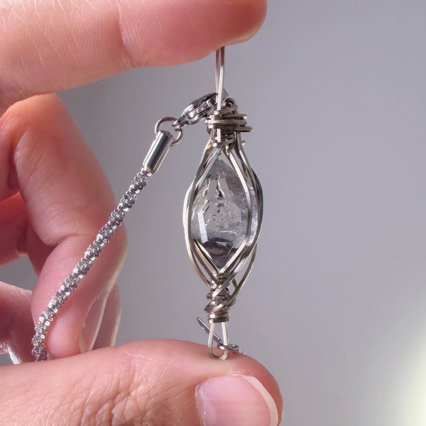 Quartzberry - Natural Herkimer Diamond Crystal White Copper Wire Wrapped Necklace - One-of-a-kind