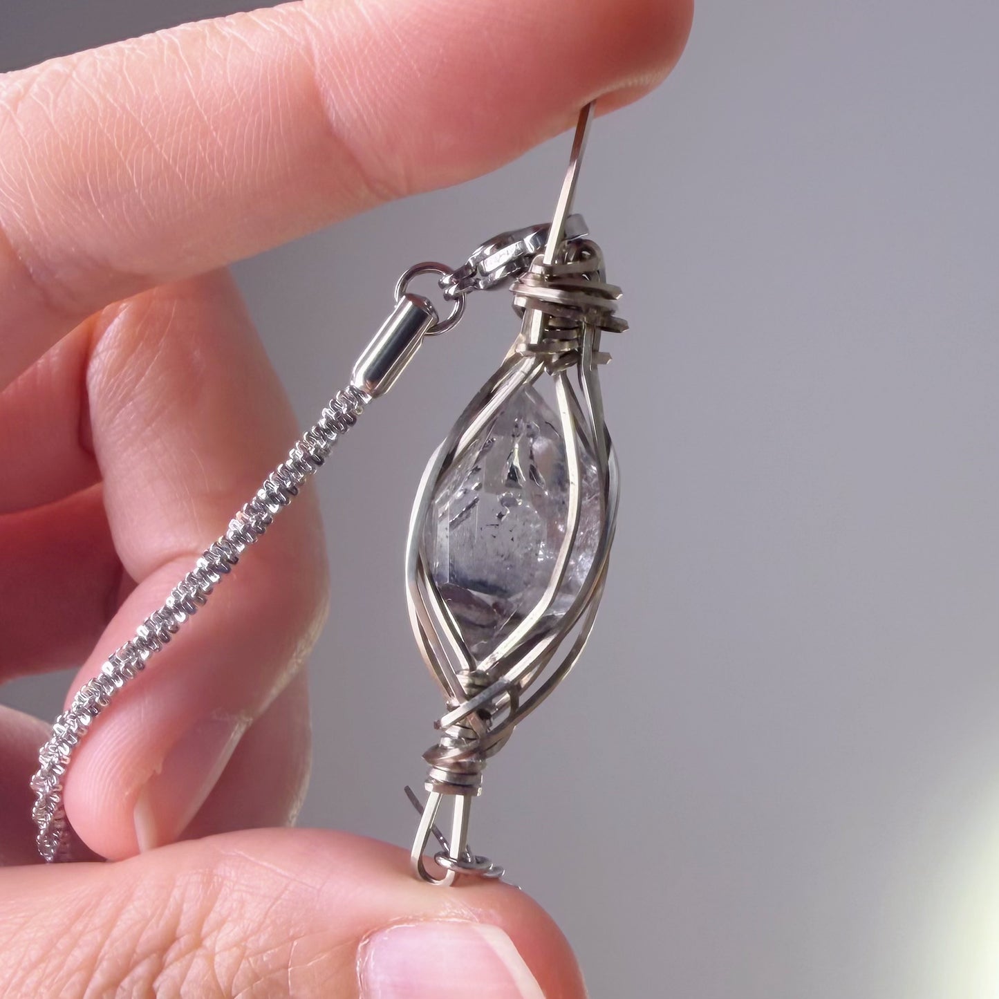 Quartzberry - Natural Herkimer Diamond Crystal White Copper Wire Wrapped Necklace - One-of-a-kind