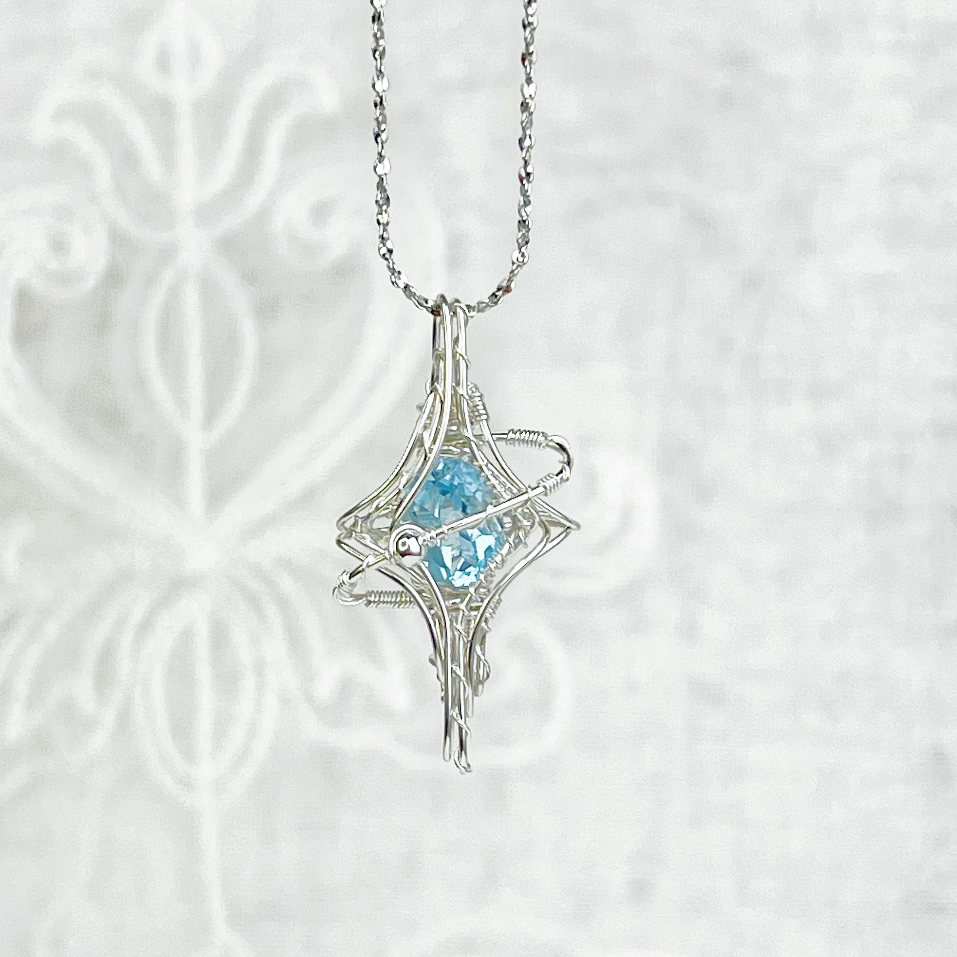 Silver Pole Star and Blue Topaz Wire Wrap Necklace-Ninaouity