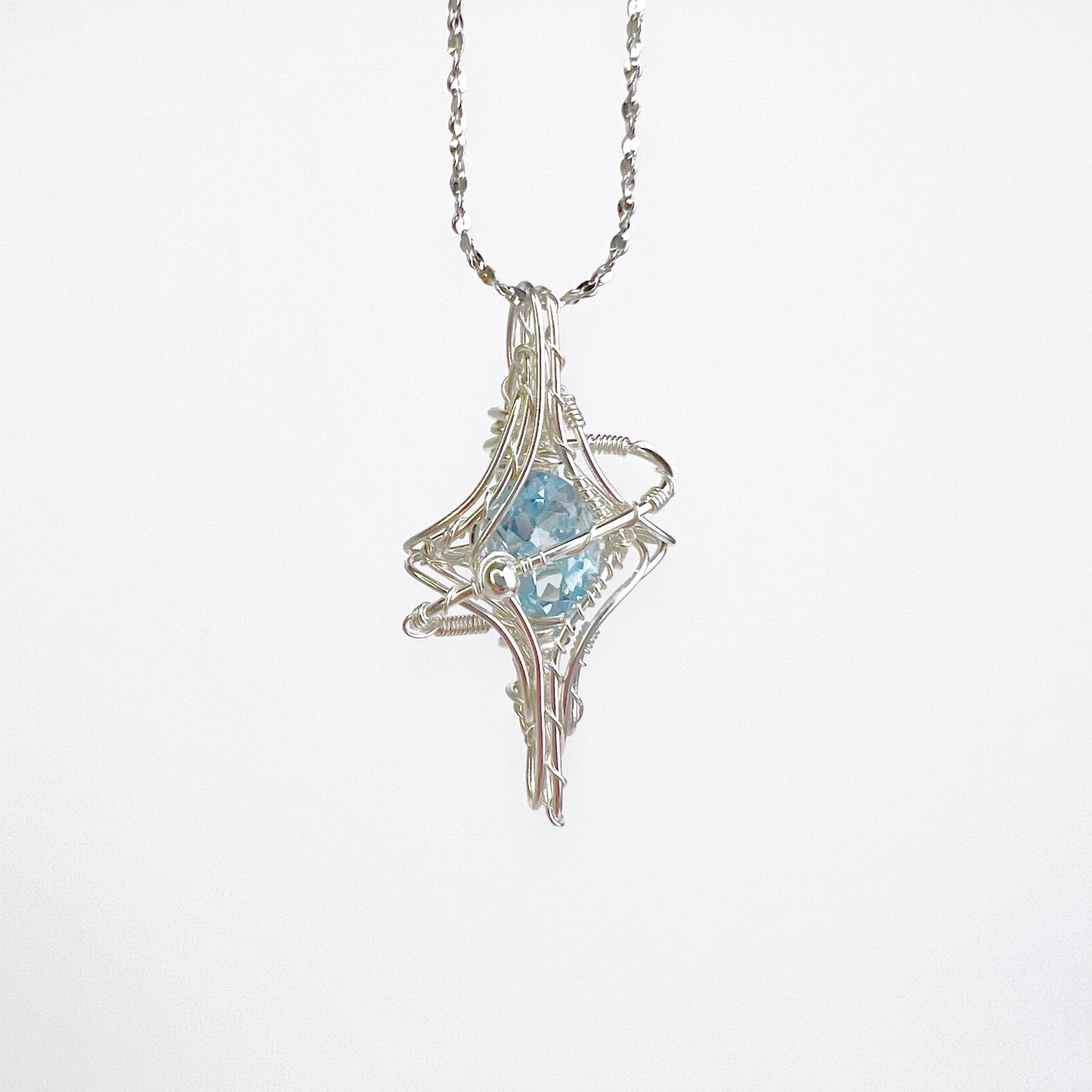 Silver Pole Star and Blue Topaz Wire Wrap Necklace-Ninaouity