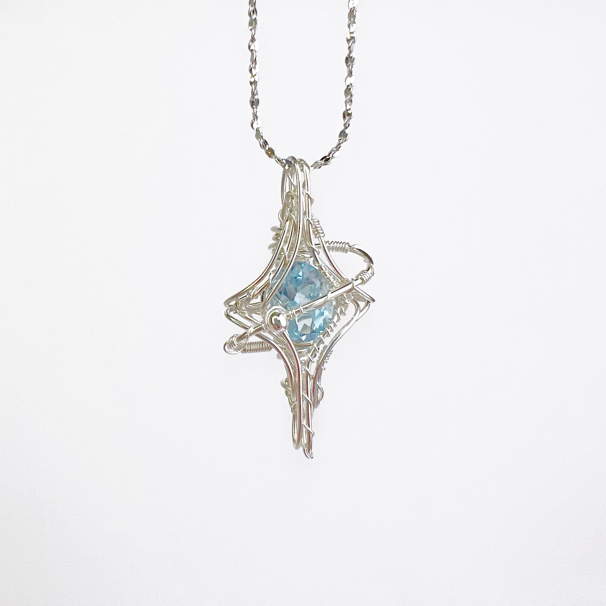 Silver Pole Star and Blue Topaz Wire Wrap Necklace-Ninaouity