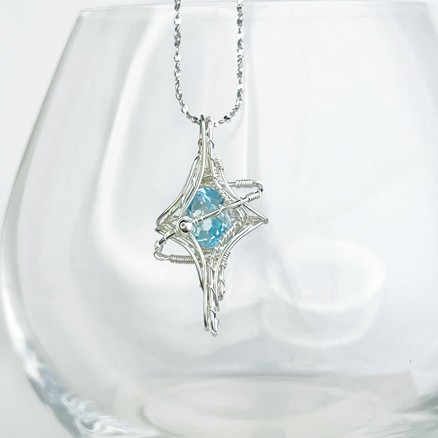 Silver Pole Star and Blue Topaz Wire Wrap Necklace-Ninaouity