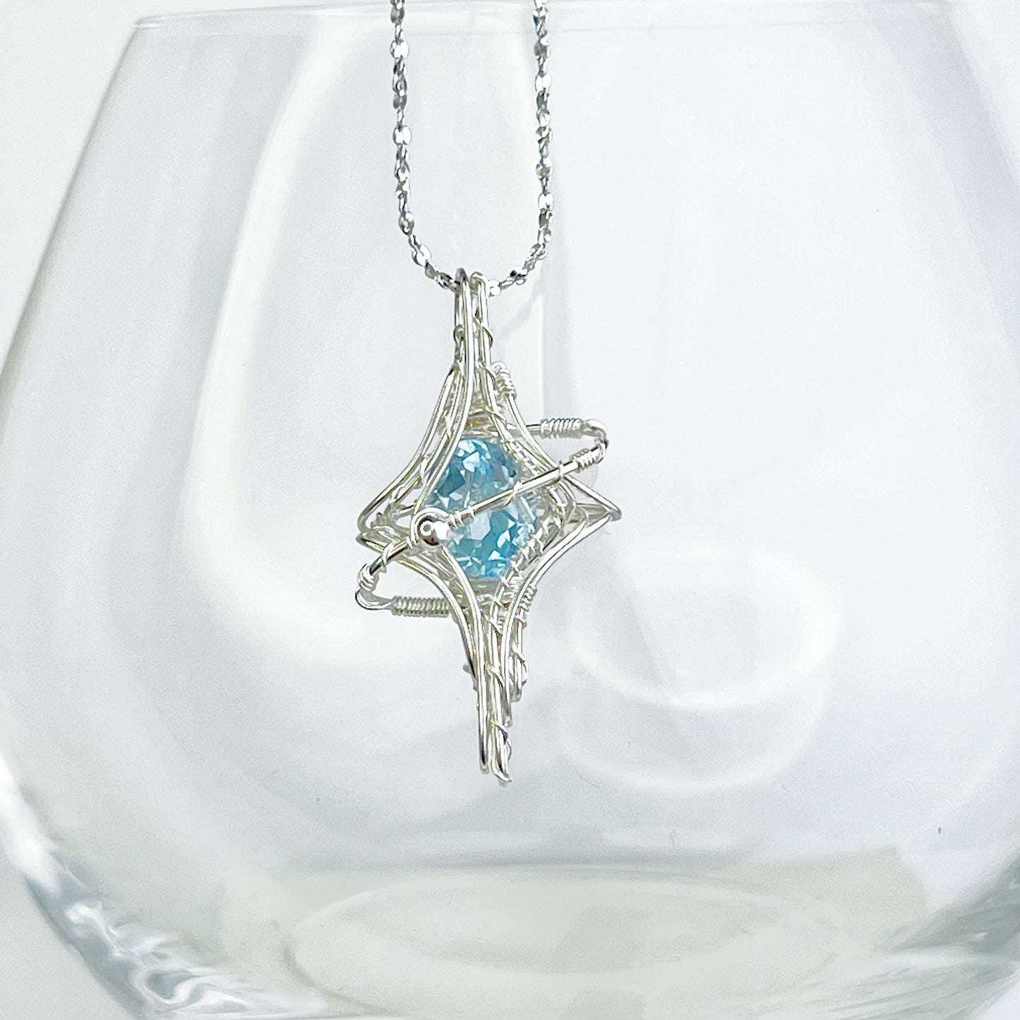 Silver Pole Star and Blue Topaz Wire Wrap Necklace-Ninaouity