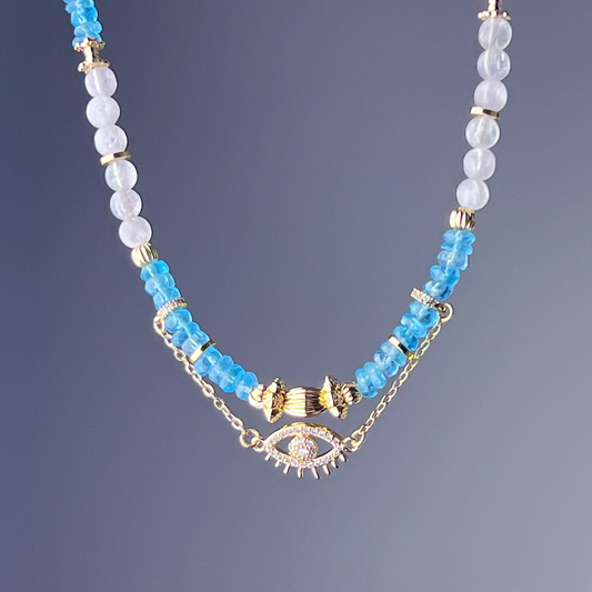 Blue Apatite and Kunzite Crystal with Evil Eye Pendant Necklace-Ninaouity