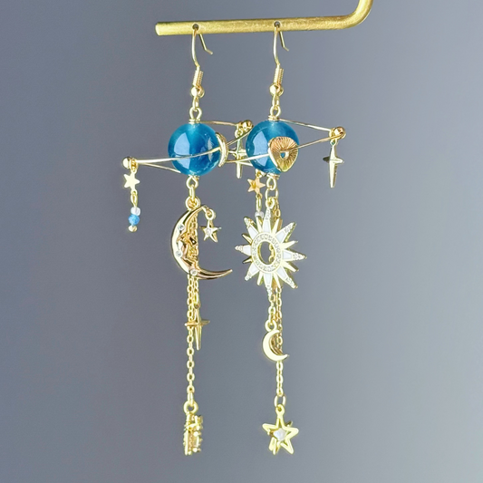 Blue Jadeite Stone Planet Moon and Star Earrings-Ninaouity