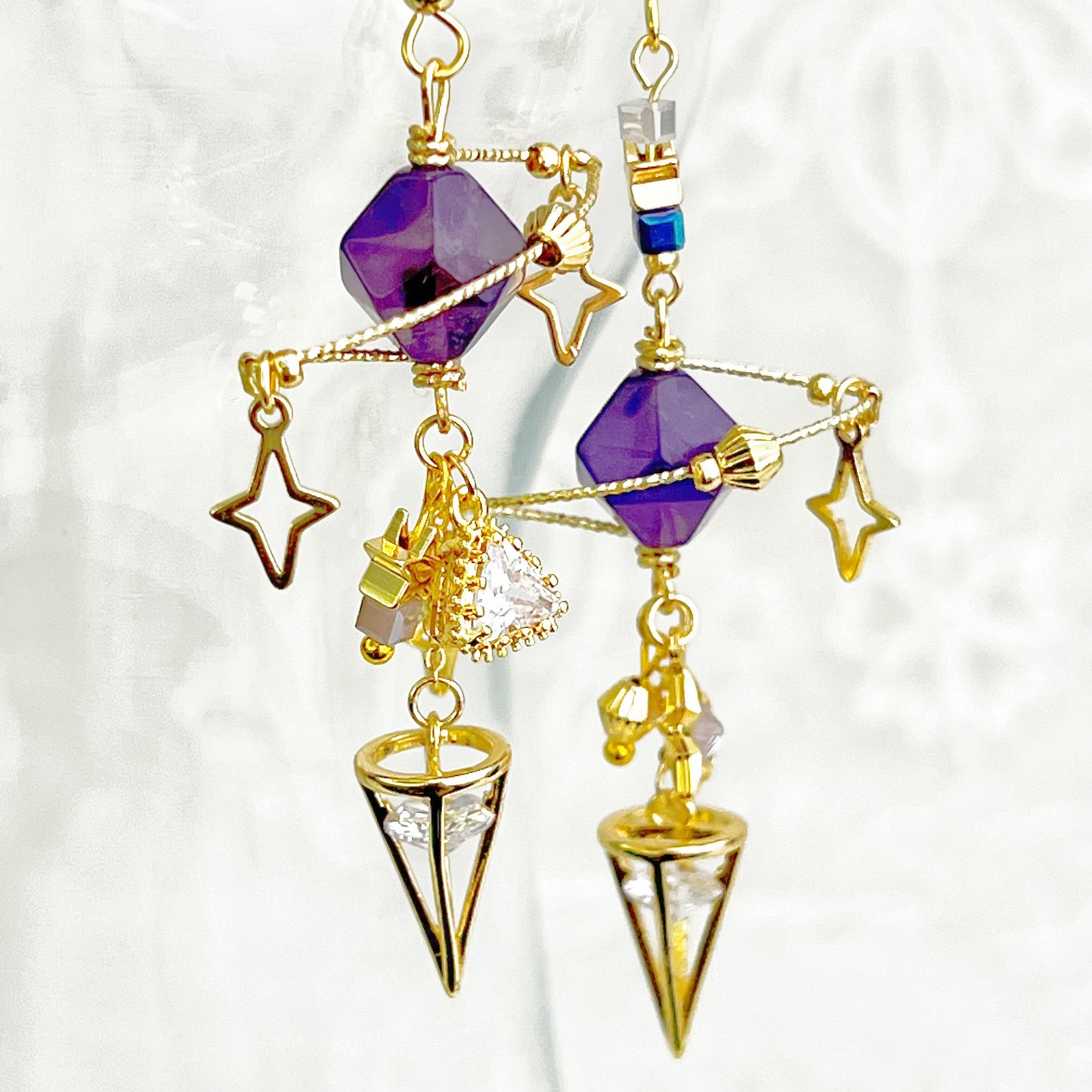 Amethyst Planet Crystal Pendulum Earrings-Ninaouity