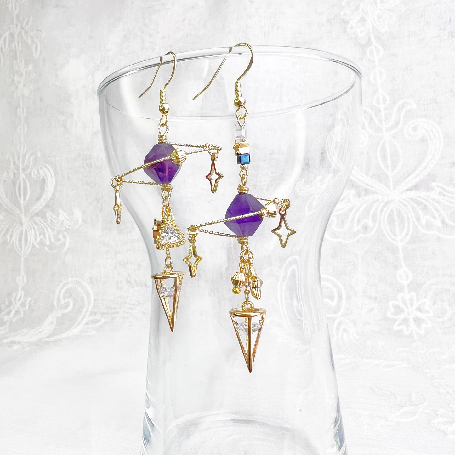 Amethyst Planet Crystal Pendulum Earrings-Ninaouity