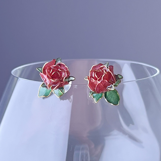 Handmade Dark Red Rose Flower and Leaves Stud Earrings-Ninaouity